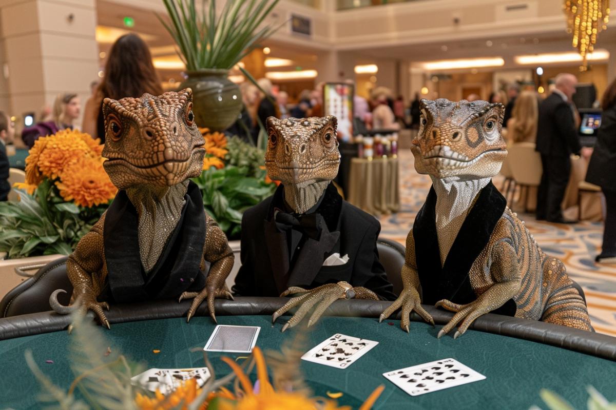 Jurassic casino, some respectable dinosaurs in good suits sitting at the round green casino table and playing poker