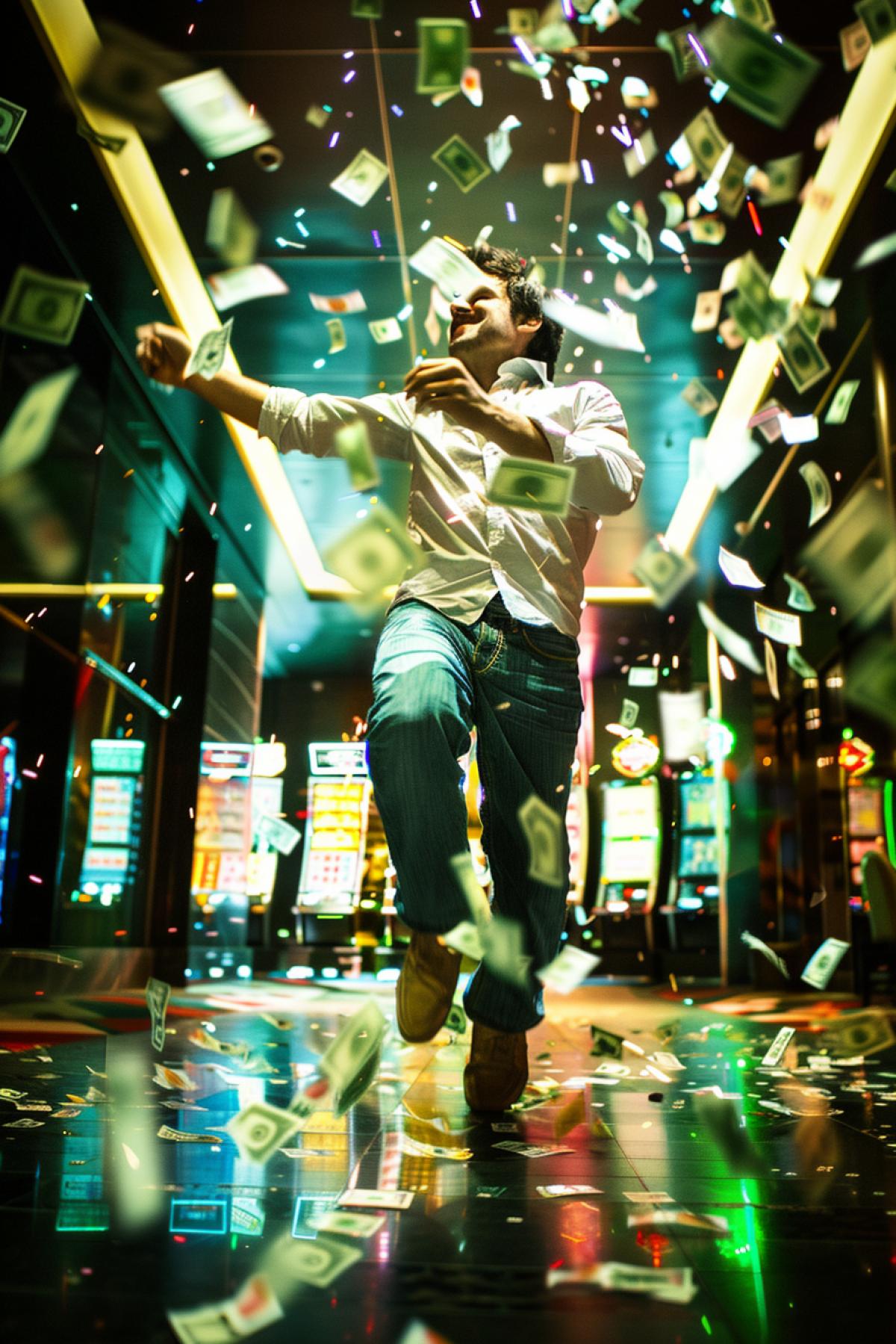 A man leaves a casino with shots of money in his hands, a spectacular high quality advertising photo