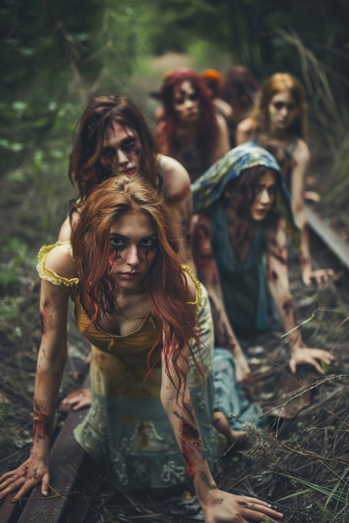 Seven Beautiful but dangerous women amputees in ragged dresses crawling pulling dirty hands to outside spectator unforgettable epic nightmare bright colours