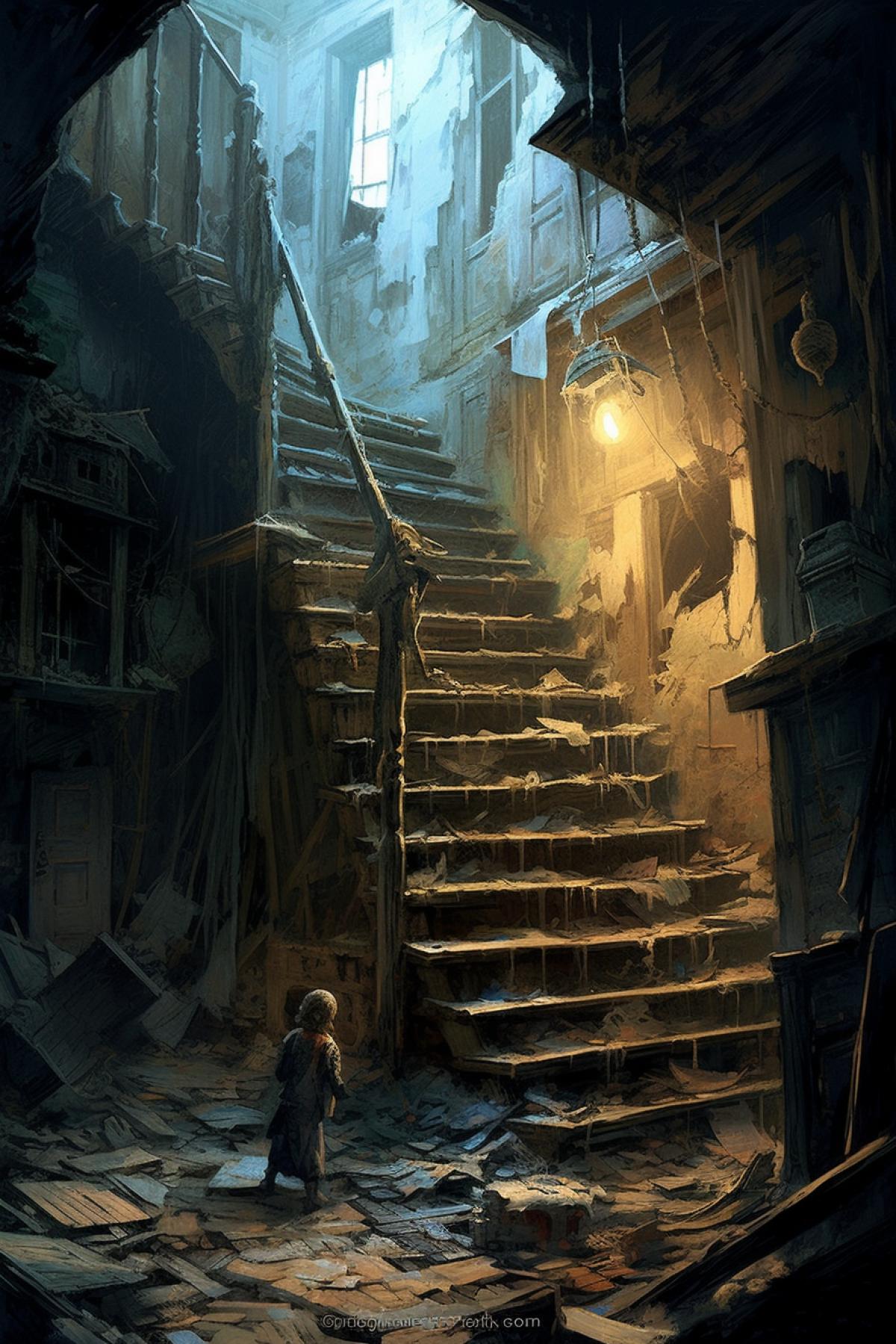 The interior of a destroyed house, a collapsed staircase, remnants of wallpaper on the walls, a nightmare, surreal characters and shadows and a small frightened man among all this