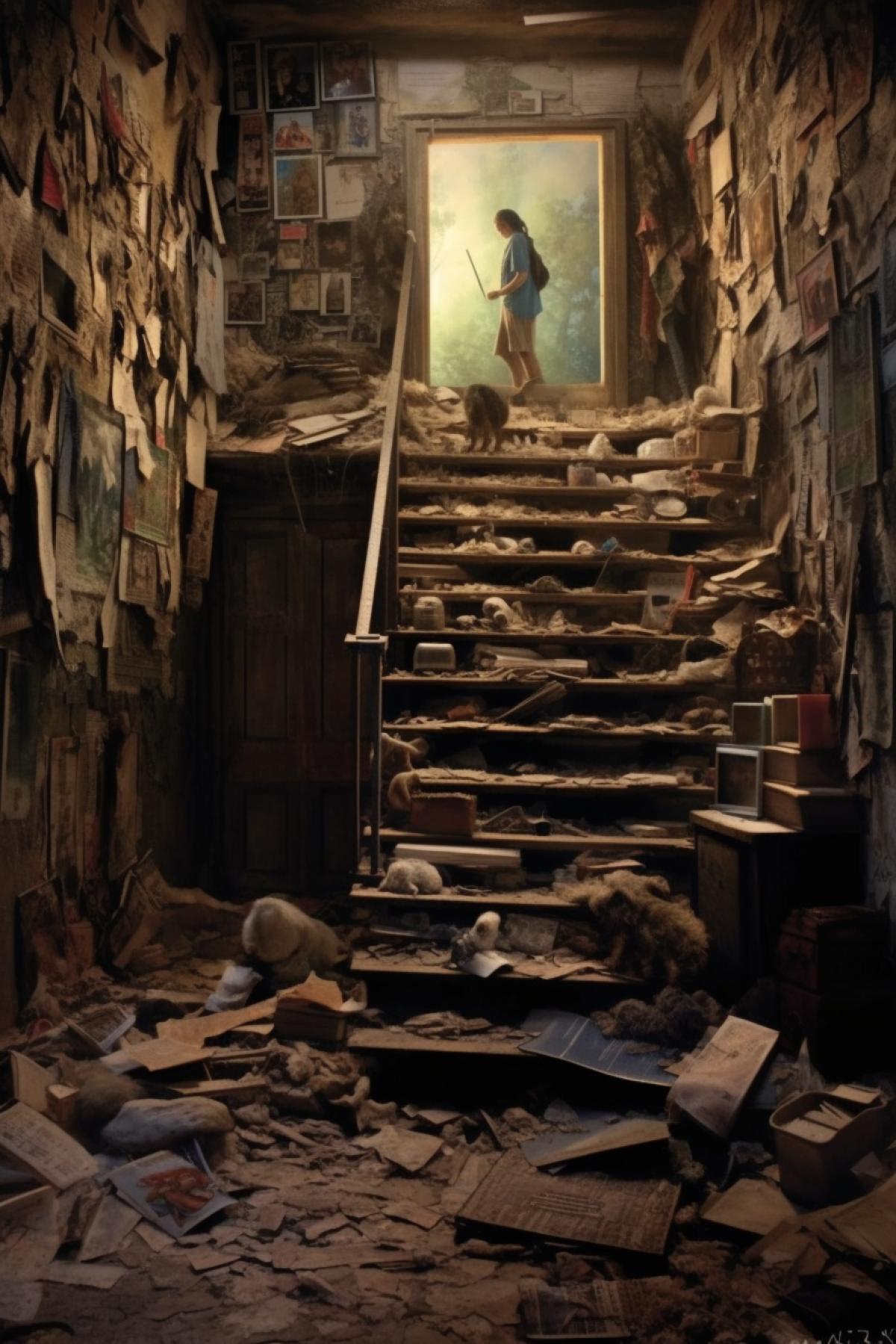 The interior of a destroyed house, a collapsed staircase, remnants of wallpaper on the walls, a nightmare, surreal characters and shadows and a small frightened man among all this