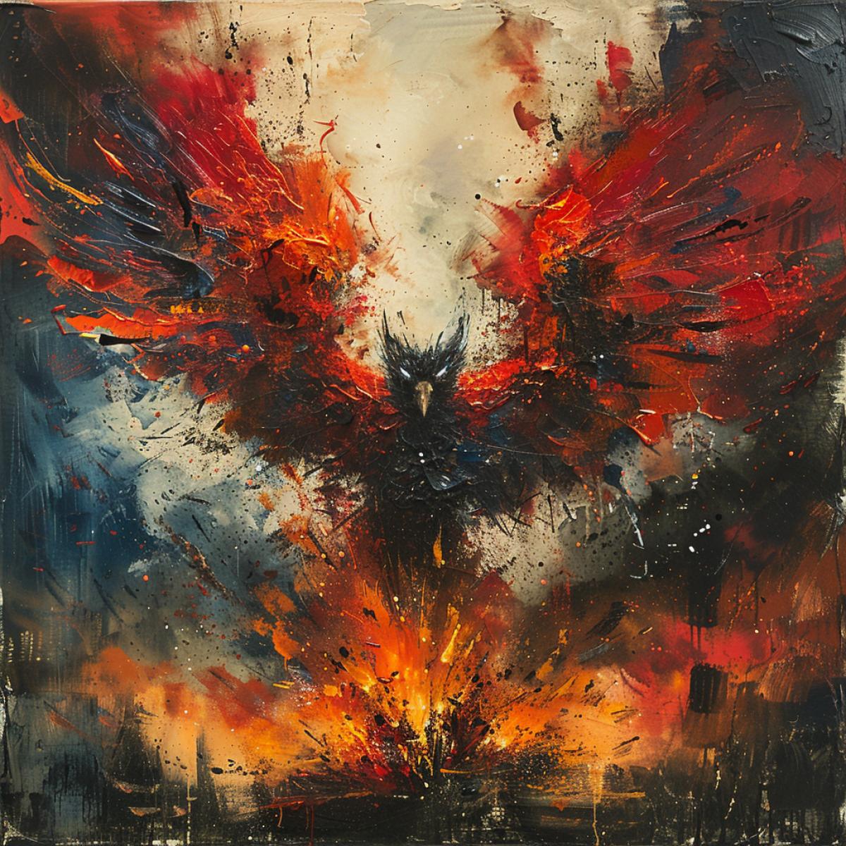This picture is the background for the cover of a music album; it depicts a bird that personifies the human soul, mystical, unreal, beautiful, its huge open wings gradually turn into fog, a colored haze, and dissolve in the sky. The sky is colorful clouds and large, bright stars. Style watercolor or acrylic drawing, digital art. Dynamics, contrast
