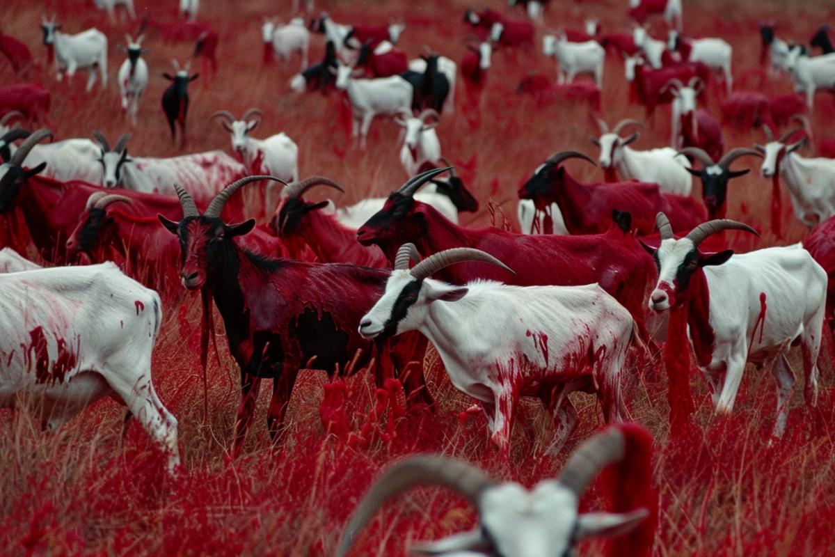 Creepy psychotropic surrealism with goats and cows, red liquidthirsty hares, maniacs, horror!