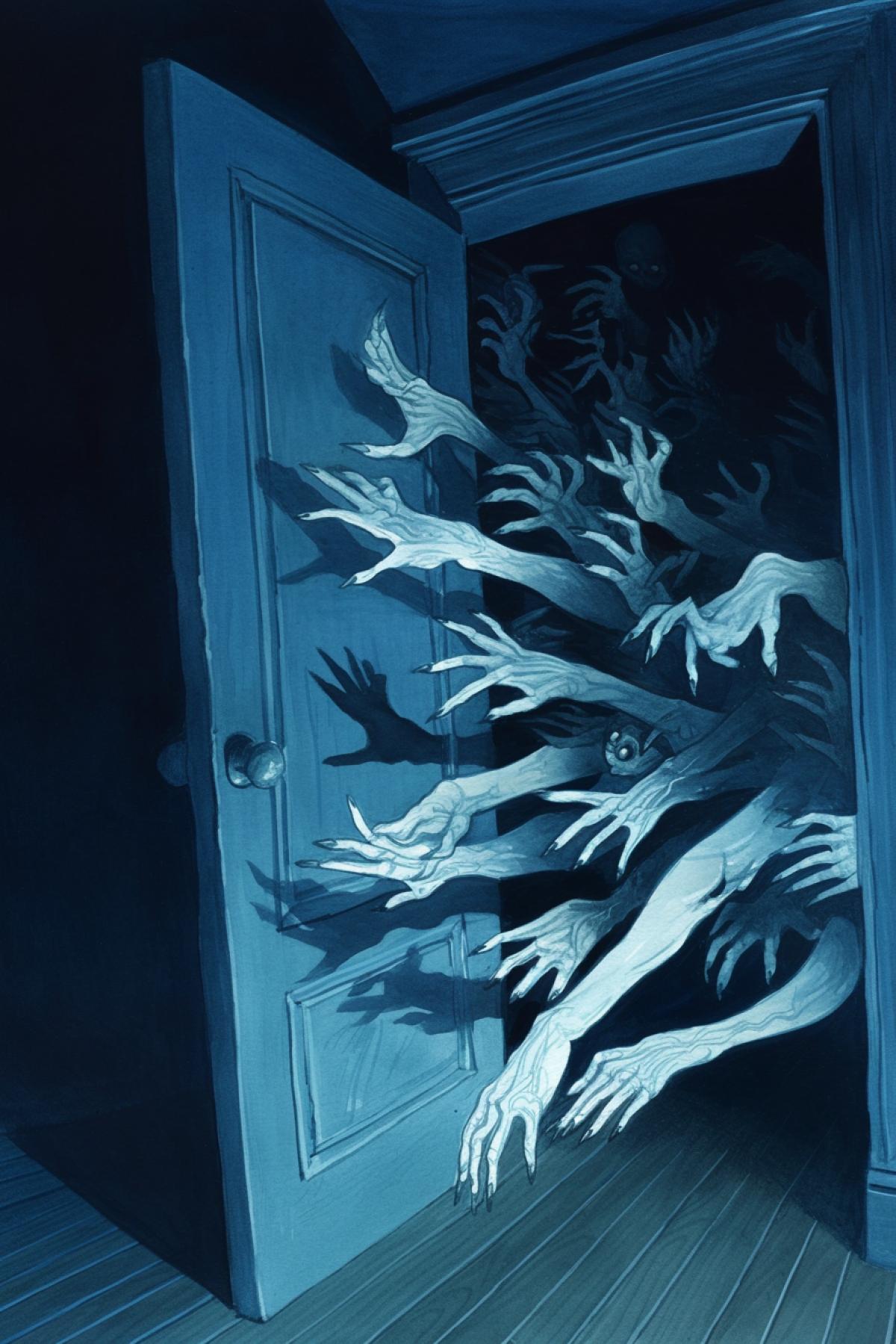 many long thin white hands of monsters reach out from a dark closet in a room, nightmare style, night in the room, blue and dark, horror style, by Keith Thompson, Gerald Brom