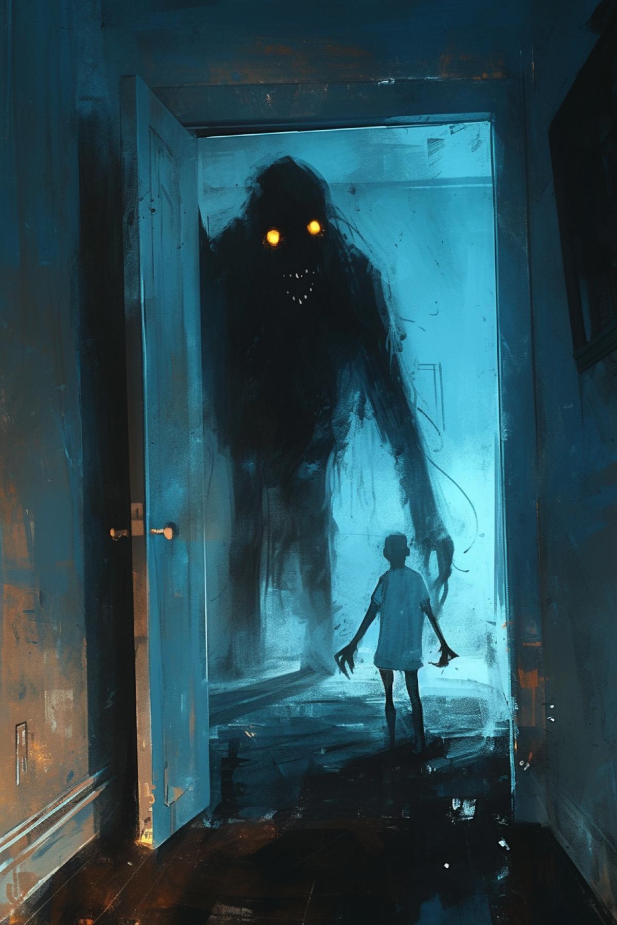 a large dark figure with bright yellow eyes stands in the hallway of a house, night, darkness, darkness, blue and dark, dusk, nightmare style, blurred image, by Ted Nesmith, Jakub Rozalski, close up