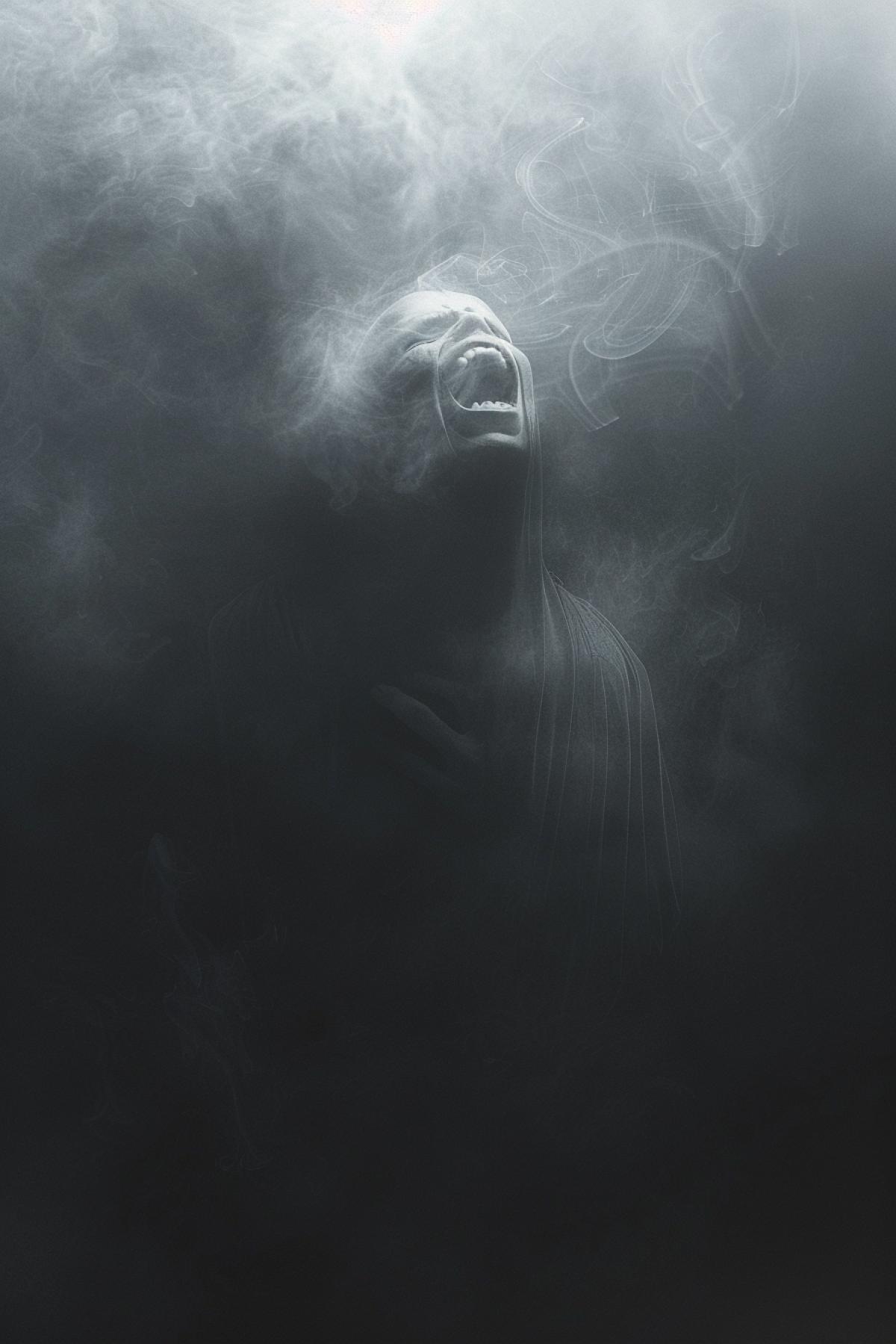 screaming ghost in a dream. dream world, dark dream, mystic, philosophy, fog, flickering, realistic image, mystical creatures