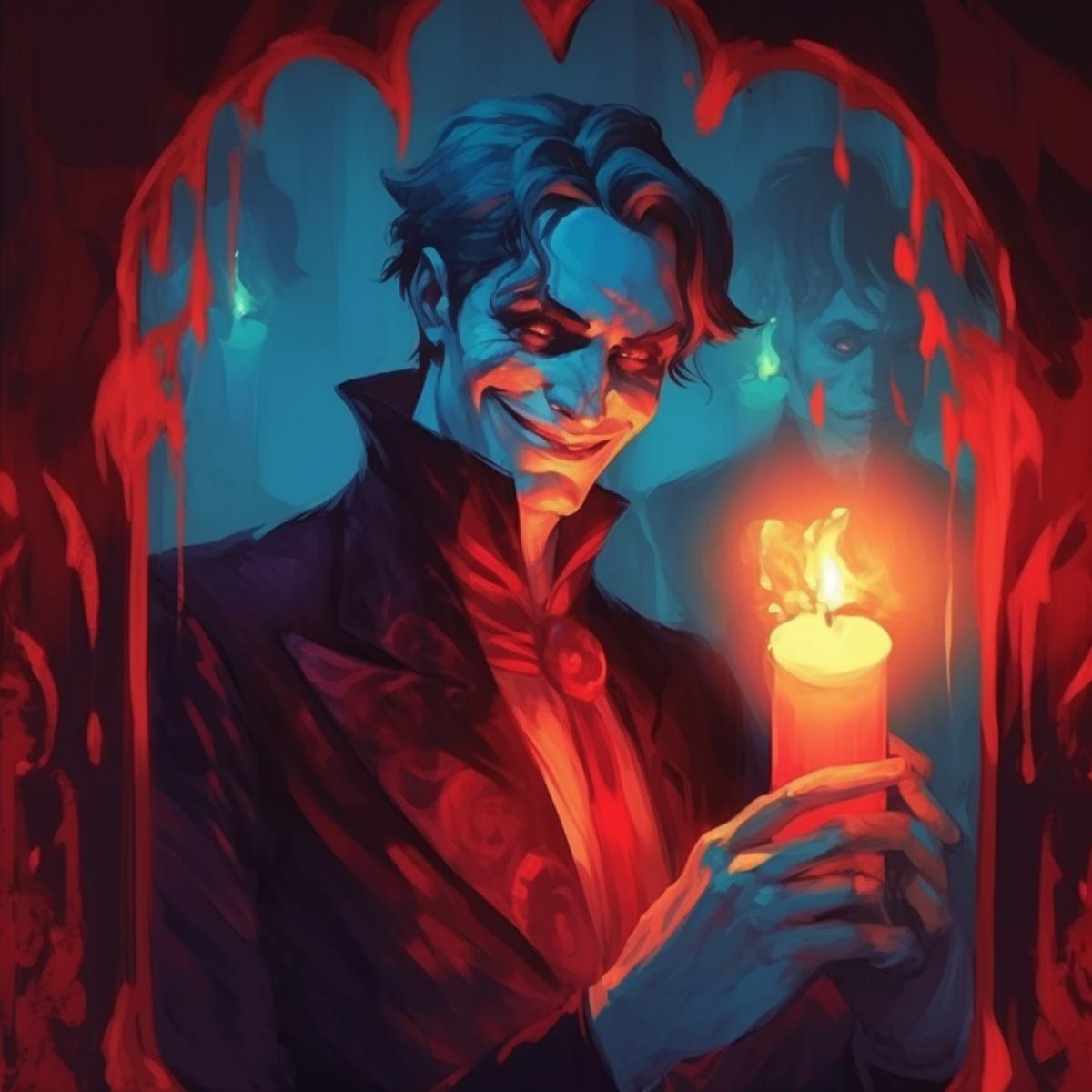 A man in front of a mirror looks into it and sees the laughing face of Satan. Digital painting, dark and red colors, turquoise backlight. The man is terrified. dark fancy shadows. Red burning candles. horrors.