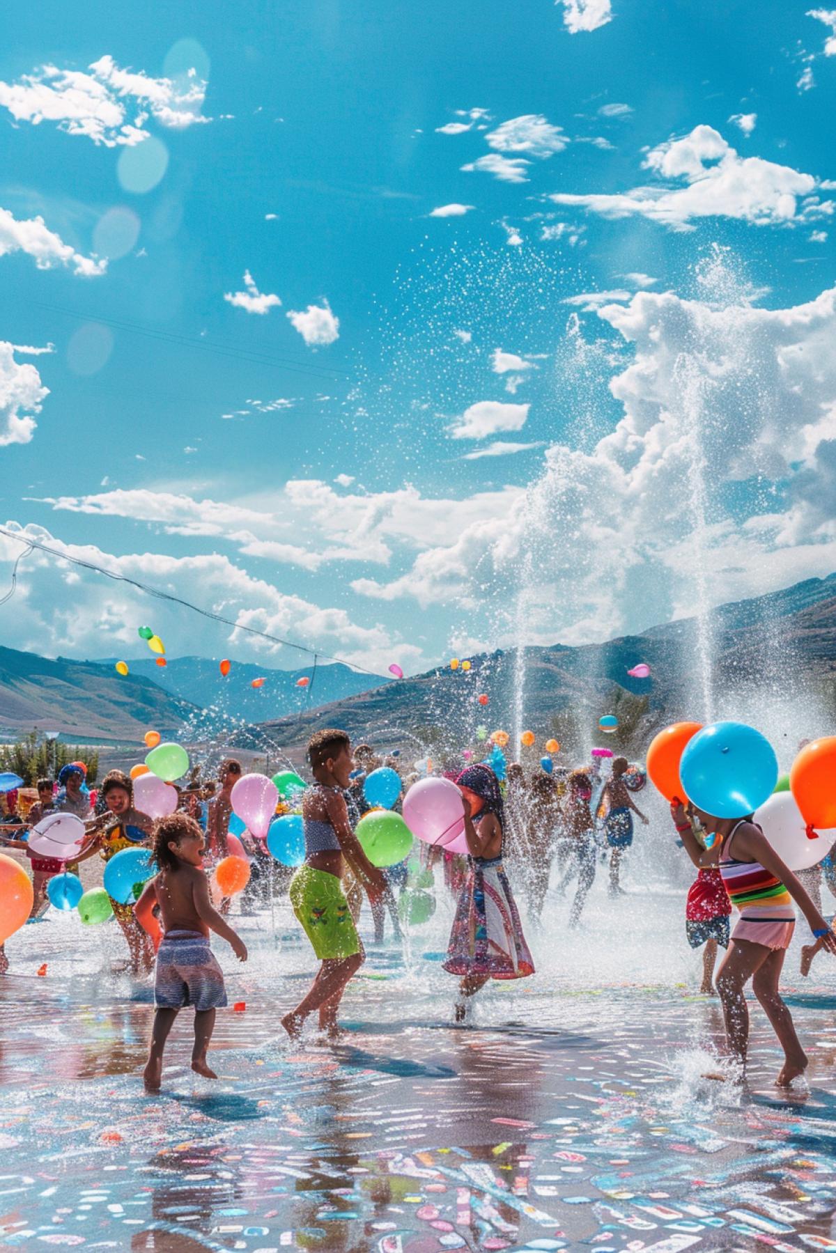 Surreal scene of the Vardavar holiday, huge water balloons floating in the air, people joyfully dousing each other with them. The water shimmers with all the colors of the rainbow, creating unusual patterns. In the background are mountain landscapes of Armenia, blue sky with fluffy clouds. Bright contrasts, dynamic movement, phantasmagoria of colors, a feeling of celebration and magic.