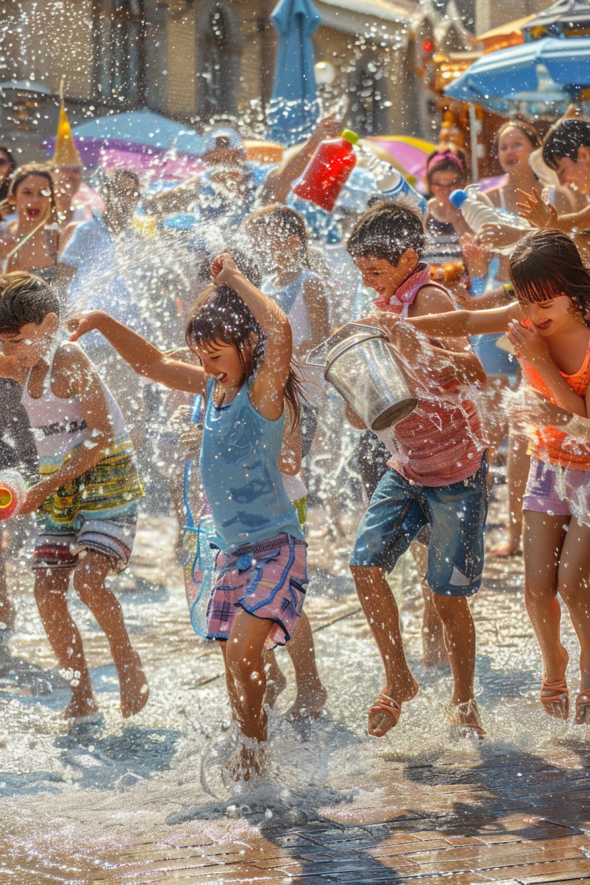 Vardavar holiday, the central square of the Armenian city, many people in bright summer clothes, pouring water on each other from buckets and bottles. Children run, laugh, splashes rise. Water pistols, joyful faces, sunlight reflected in drops of water. Photorealistic style, bright colors, lively emotions, cheerful atmosphere, feeling of warmth and joy.