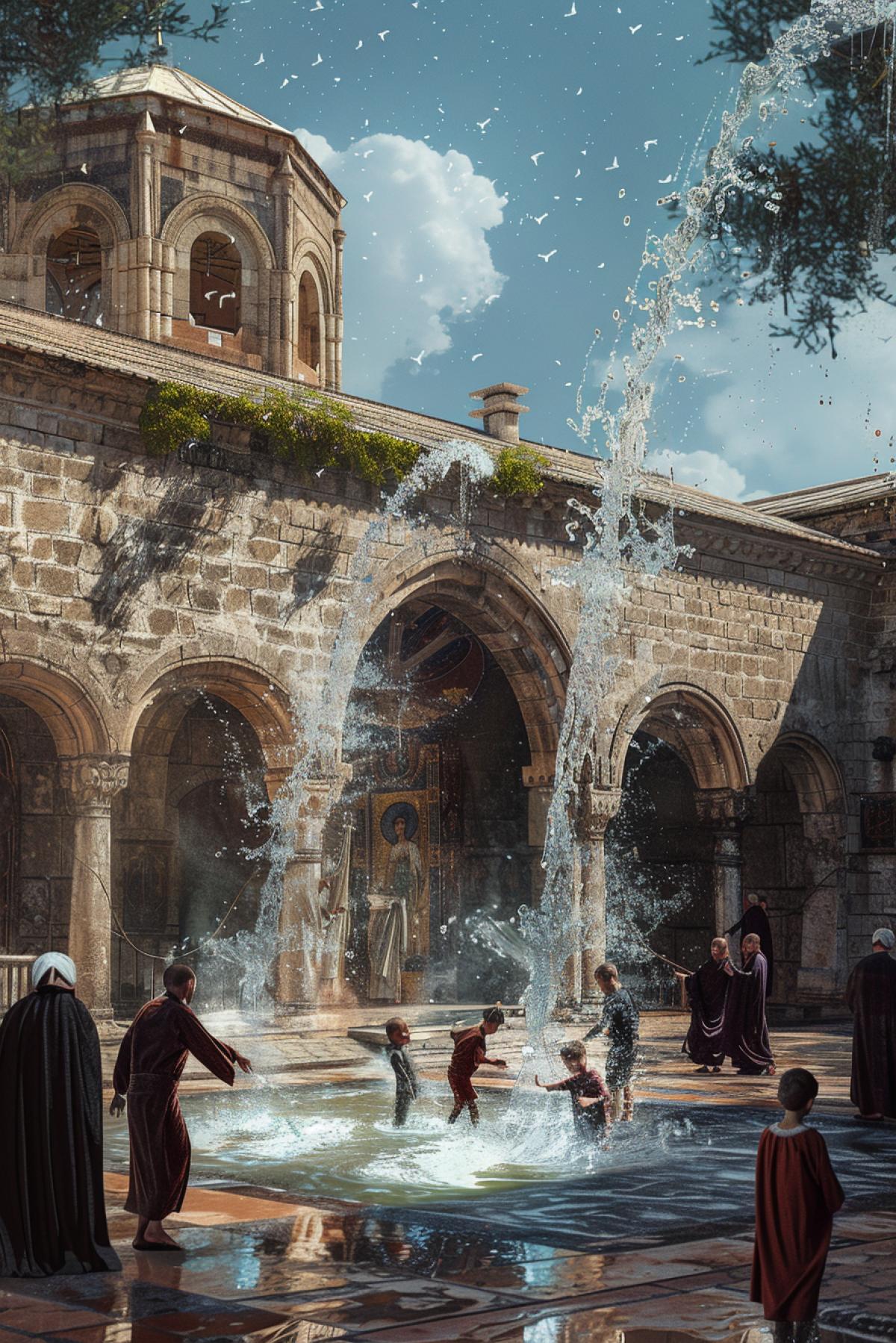 Vardavar in the Armenian monastery, a combination of ancient architecture and modern joy. Monks and children exchange jets of water, splashing against the background of ancient walls. Stone arches, green courtyards, icons and frescoes. Photorealistic style, attention to detail, light and shadow that convey a sense of warmth and history, a joy that unites generations.