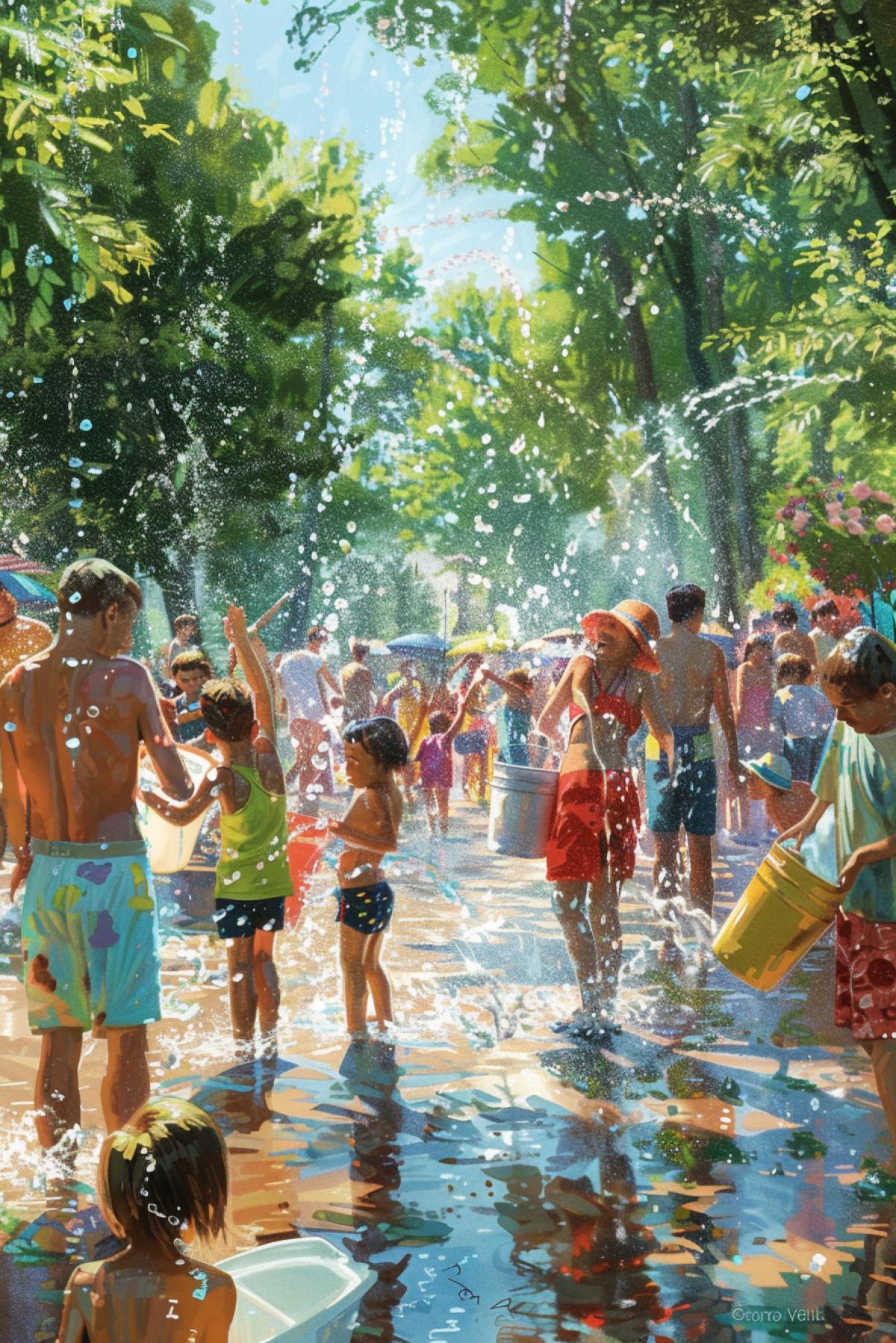 A water pouring festival in a large park, many people in bright summer clothes pouring water on each other from buckets and bottles. There are green trees and flowering bushes in the background, children play with water pistols, 35 years olds laugh and enjoy the moment. Sunny day, water drops sparkle in the sun, photorealistic style, bright colors, dynamics and joy, a feeling of freedom and summer fun.