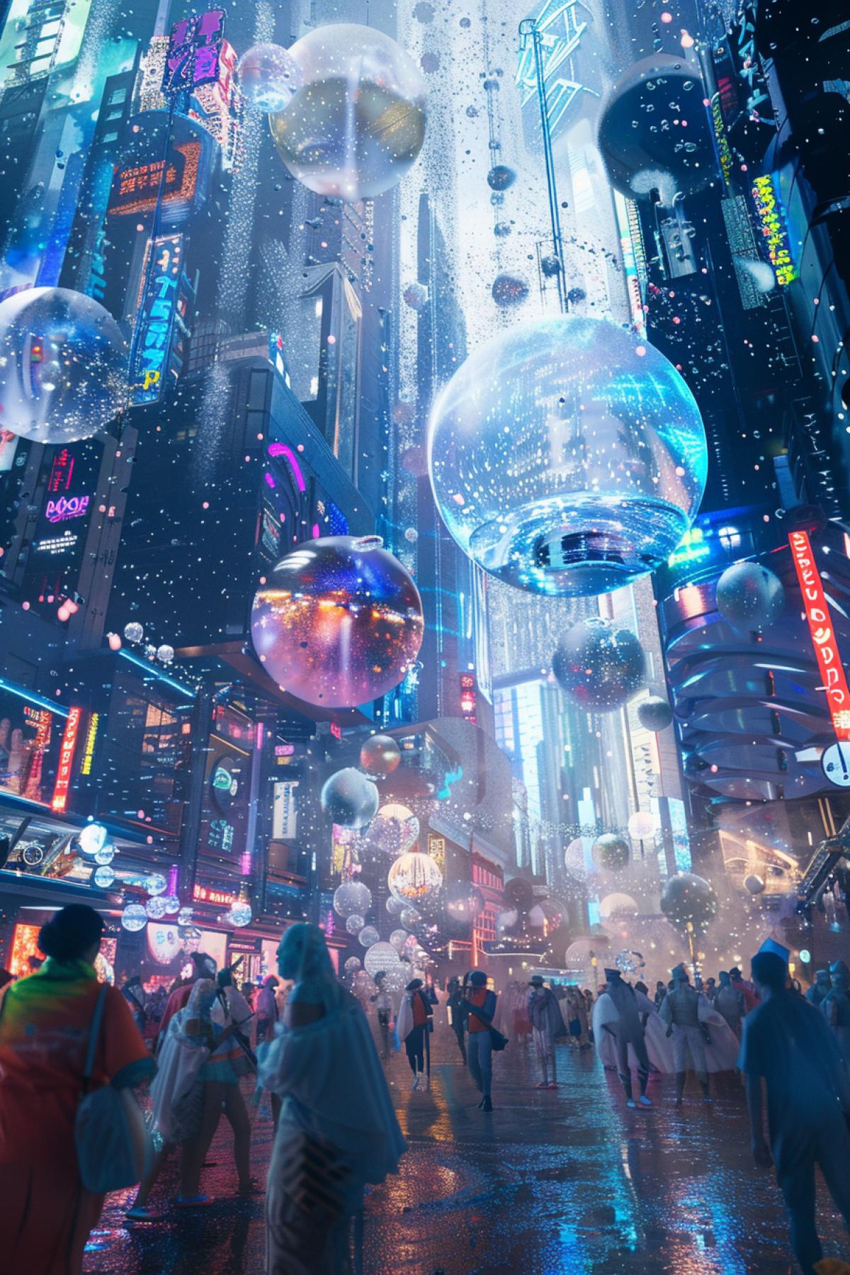 Surreal scene of a water pouring festival in a futuristic city. Water flows from fancy fountains and floating spheres, people in bright and unusual costumes joyfully exchange water splashes. In the background are tall buildings made of glass and metal, bright neon lights reflected in puddles. Contrasting colors, futuristic shapes, dynamics and energy, a feeling of joy and modern celebration.