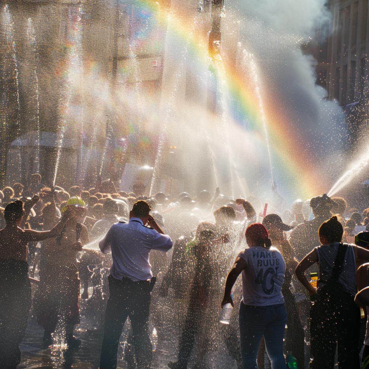 Police officers use water cannons to disperse a crowd of firefighters, who are spraying police officers from fire hoses. Lots of splashes, commotion, joy, fun, sunshine, rainbow.