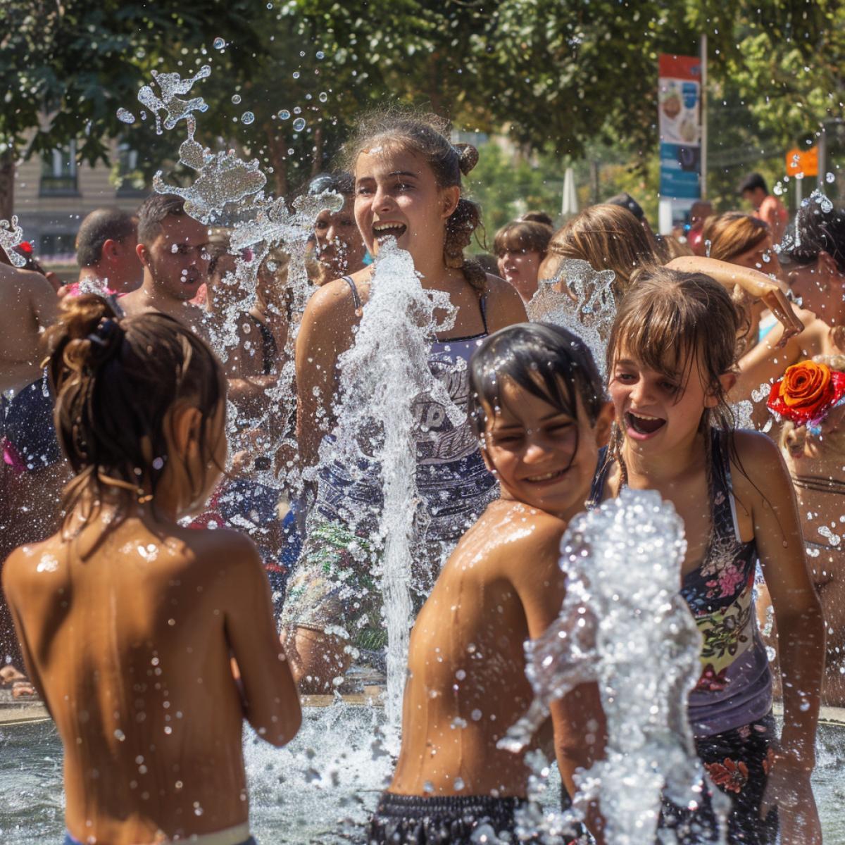 Summer sunny day, Armenia, the central square near the fountain, a lot of people gathered, children, women, young boys, girls, old people, visitors, absolutely everyone is wet from head to toe, everyone is pouring on each other, laughing, young people are giving roses to their chosen ones, fun everywhere, laughter, happiness, atmosphere of joy, natural light, high detail, high realism, mirror camera
