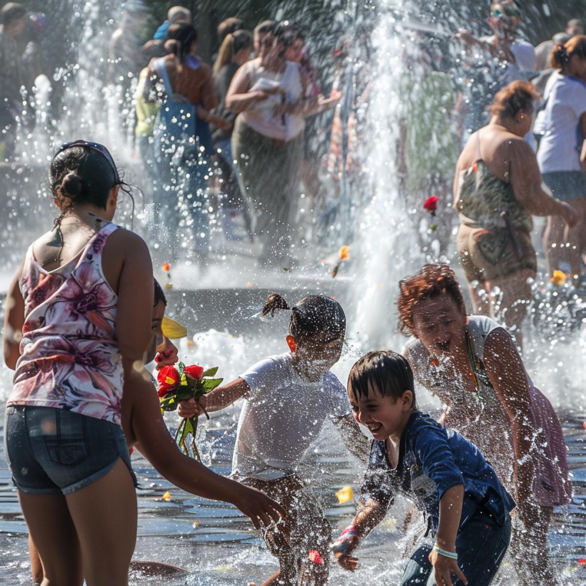 Summer sunny day, Armenia, the central square near the fountain, a lot of people gathered, children, women, young boys, girls, old people, visitors, absolutely everyone is wet from head to toe, everyone is pouring on each other, laughing, young people are giving roses to their chosen ones, fun everywhere, laughter, happiness, atmosphere of joy, natural light, high detail, high realism, mirror camera