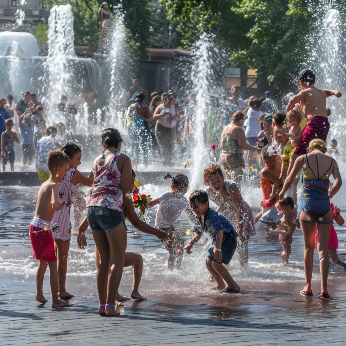 Summer sunny day, Armenia, the central square near the fountain, a lot of people gathered, children, women, young boys, girls, old people, visitors, absolutely everyone is wet from head to toe, everyone is pouring on each other, laughing, young people are giving roses to their chosen ones, fun everywhere, laughter, happiness, atmosphere of joy, natural light, high detail, high realism, mirror camera
