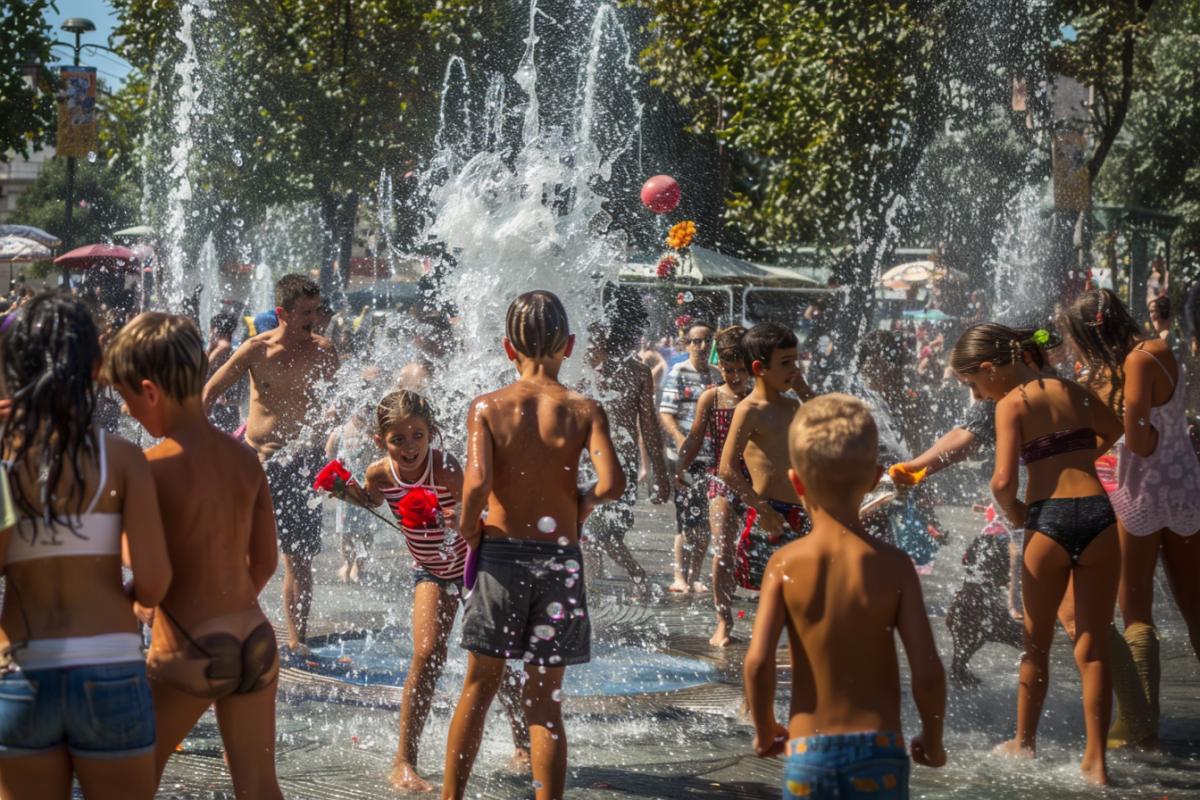Summer sunny day, Armenia, the central square near the fountain, a lot of people gathered, children, women, young boys, girls, old people, visitors, absolutely everyone is wet from head to toe, everyone is pouring on each other, laughing, young people are giving roses to their chosen ones, fun everywhere, laughter, happiness, atmosphere of joy, natural light, high detail, high realism, mirror camera