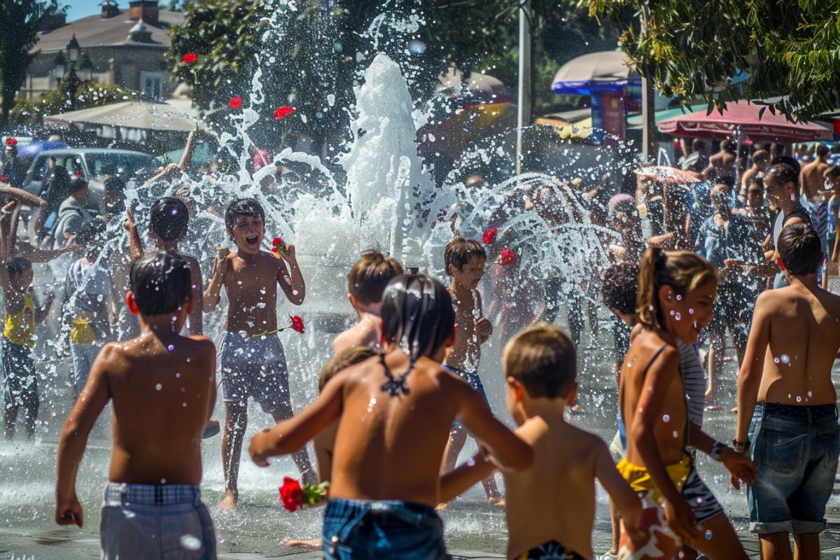 Summer sunny day, Armenia, the central square near the fountain, a lot of people gathered, children, women, young boys, girls, old people, visitors, absolutely everyone is wet from head to toe, everyone is pouring on each other, laughing, young people are giving roses to their chosen ones, fun everywhere, laughter, happiness, atmosphere of joy, natural light, high detail, high realism, mirror camera