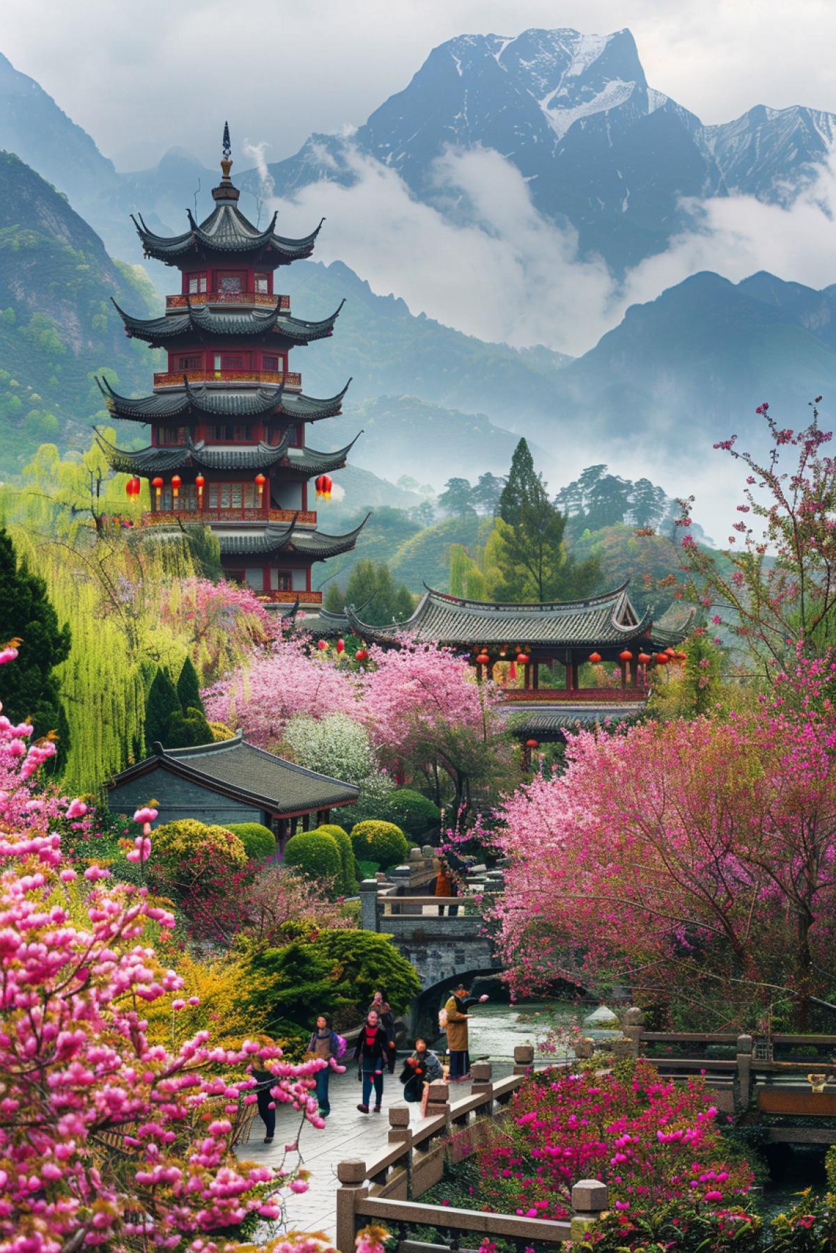 A traditional Chinese pagoda against the backdrop of a picturesque landscape surrounded by blooming cherry trees and bamboo groves. In the distance you can see majestic mountains covered with fog, at the foot of which there is a river with stone bridges. People in traditional Chinese costumes walk through the garden, enjoying nature. Bright and rich colors, attention to detail, a sense of harmony and calm.
