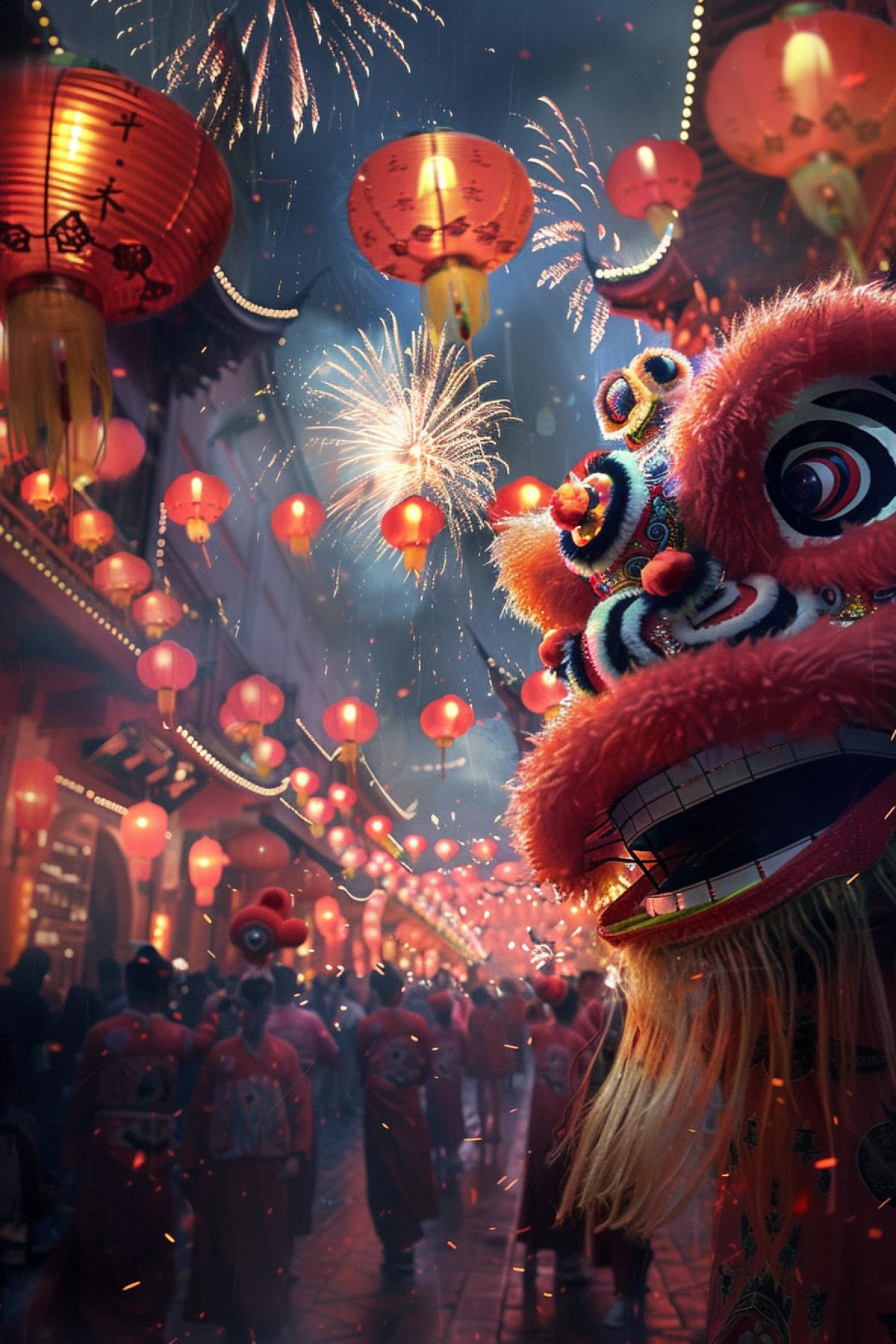 Chinese New Year scene in the center of a big city. The streets are decorated with red lanterns and dragons, there is noise and fun everywhere. People in traditional clothes take part in the parade and perform lion dances. Bright fireworks illuminate the sky, creating an atmosphere of celebration and joy. Photorealistic style, dynamics, colorful details, energy and solemnity.
