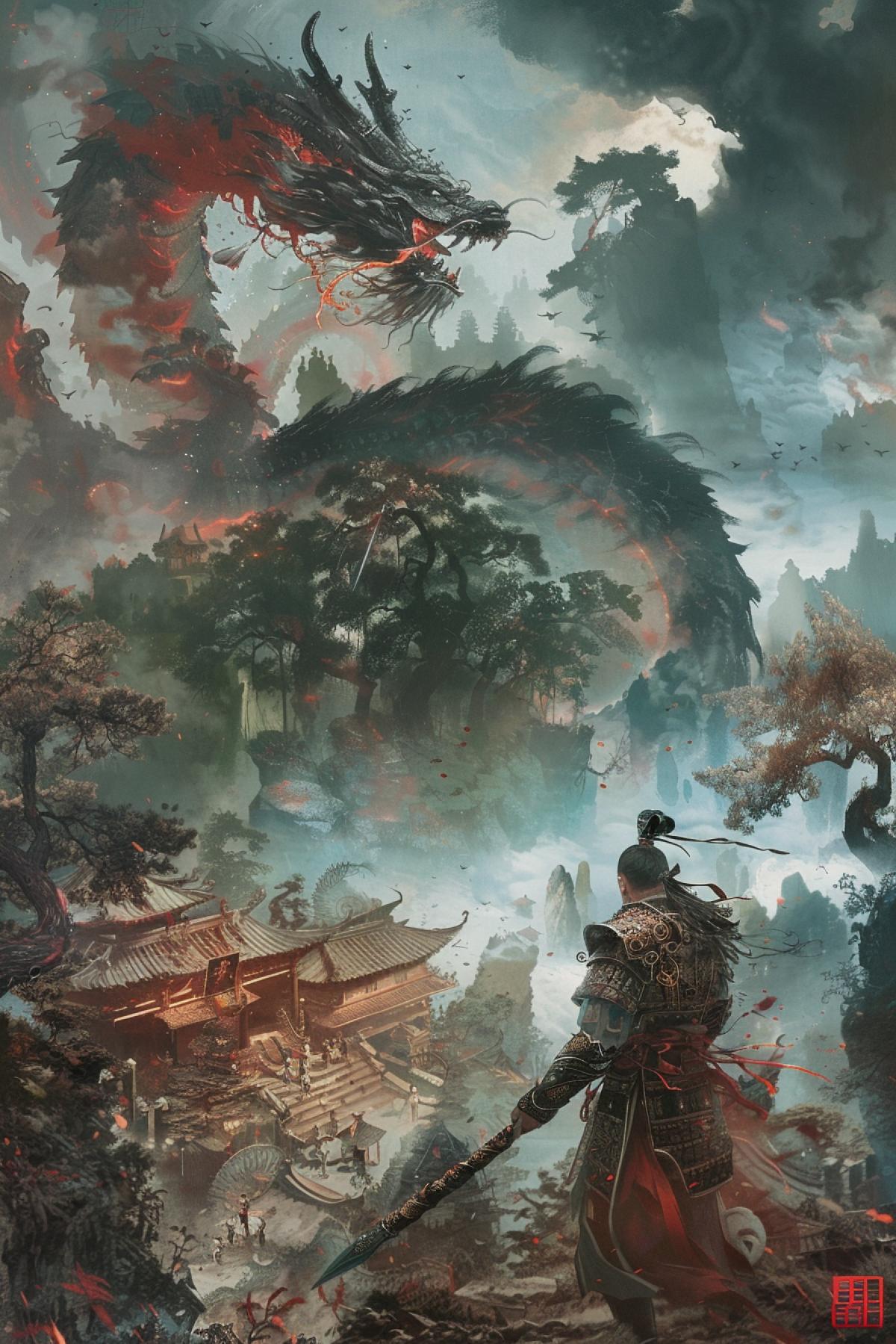Depiction of an ancient Chinese mythological scene: a legendary dragon soaring in the sky above a forest protects a village from evil spirits. In the foreground is a hero in traditional armor and with a sword, ready for battle. Detailed patterns on costumes and weapons, bright and contrasting colors, dynamics and drama, a sense of magic and ancient legends.