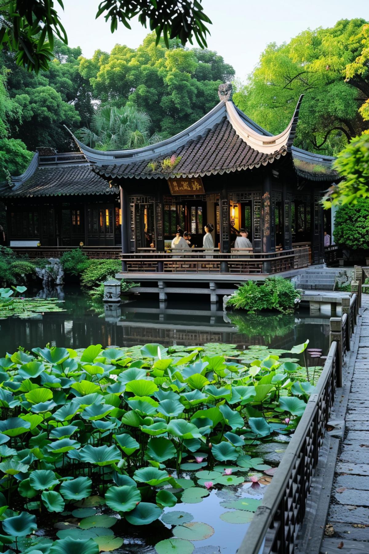 A Chinese tea house surrounded by a traditional garden with a lake covered with water lilies. Stone paths lead to gazebos and bridges, and the scent of flowers is in the air. Inside the house, people in traditional silk robes enjoy a tea ceremony, following ancient traditions. Calm and peaceful atmosphere, soft and pastel colors, attention to cultural details.