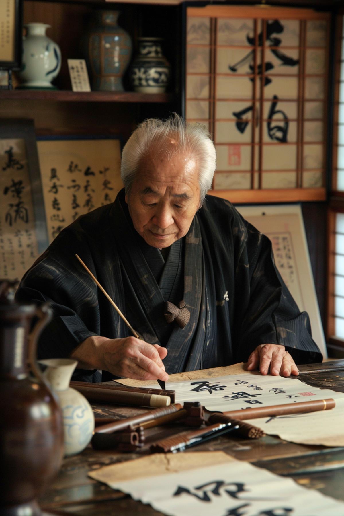 A calligraphy master in his office, surrounded by scrolls and brushes. He is intently writing characters on rice paper, immersed in the process. The room is decorated in a traditional style with wooden partitions, antique vases and books. Soft light from the window illuminates his workspace. Warm and muted colors, attention to detail, an atmosphere of peace and creativity.