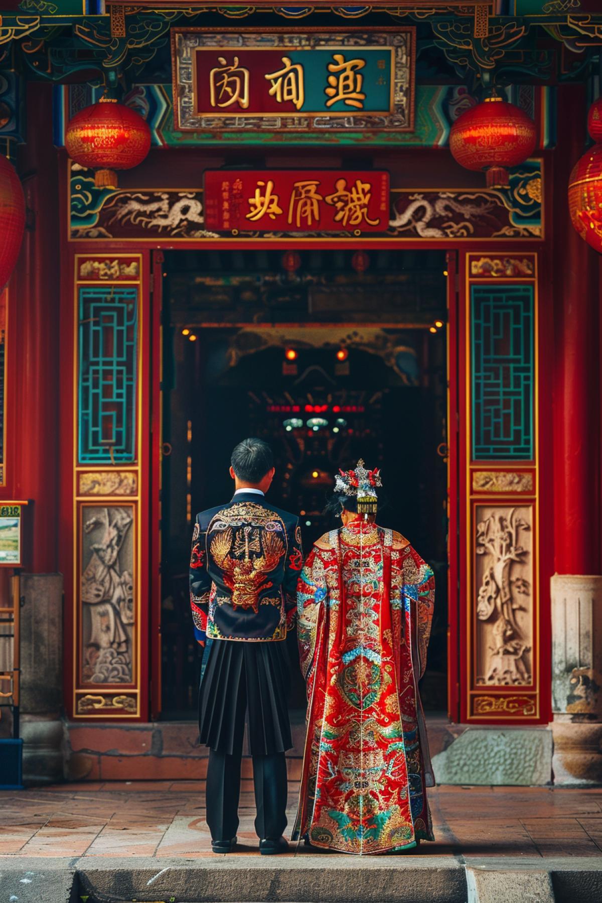 Traditional Chinese wedding, two people, the bride and groom in colorful traditional costumes, standing in front of a Chinese temple. Red and gold shades, emphasis on costume details, a solemn and joyful atmosphere, minimalistic background, focus on emotions and interaction between the bride and groom, soft lighting.