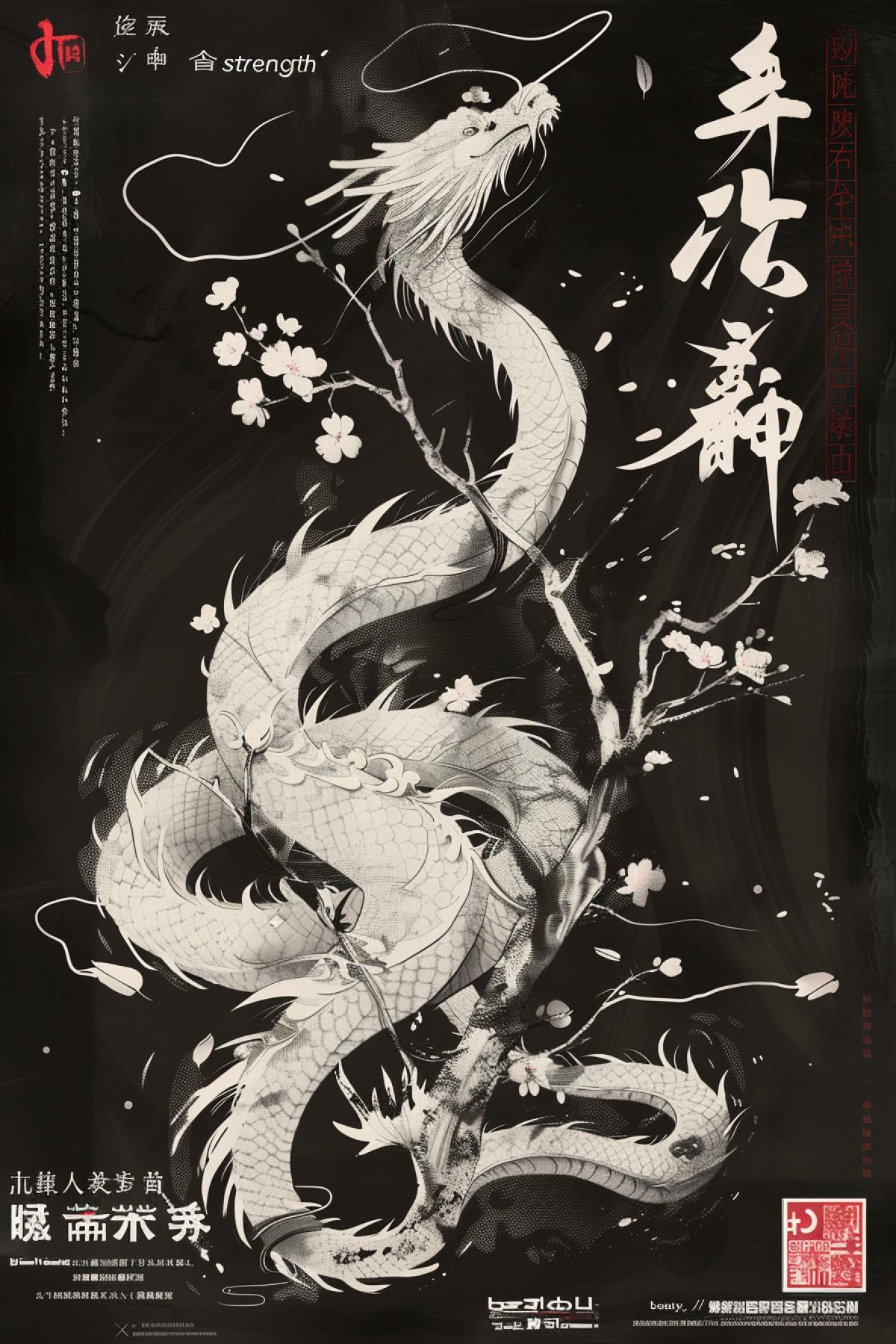 dark and white calligraphy design in traditional Chinese style. Elegant and flowing lines depicting a dragon intertwined with a cherry blossom branch. In the background are traditional Chinese characters meaning \"strength\" and \"beauty.\" Minimalist design, emphasis on detail and calligraphy craftsmanship, subtle touches and balance.
