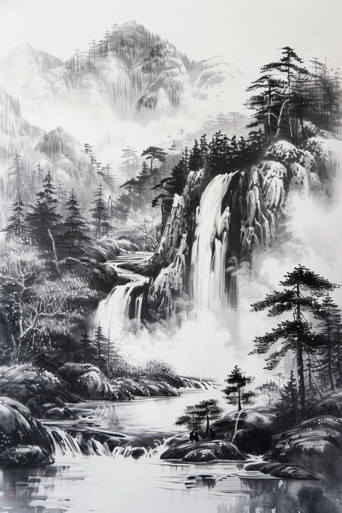 Traditional Chinese ink painting depicting a mountain landscape with a waterfall, trees and a river. dark and gray shades, thin and graceful lines, minimalist style, emphasis on the natural beauty and tranquility of nature, an atmosphere of peace and harmony, soft gradients and chiaroscuro.