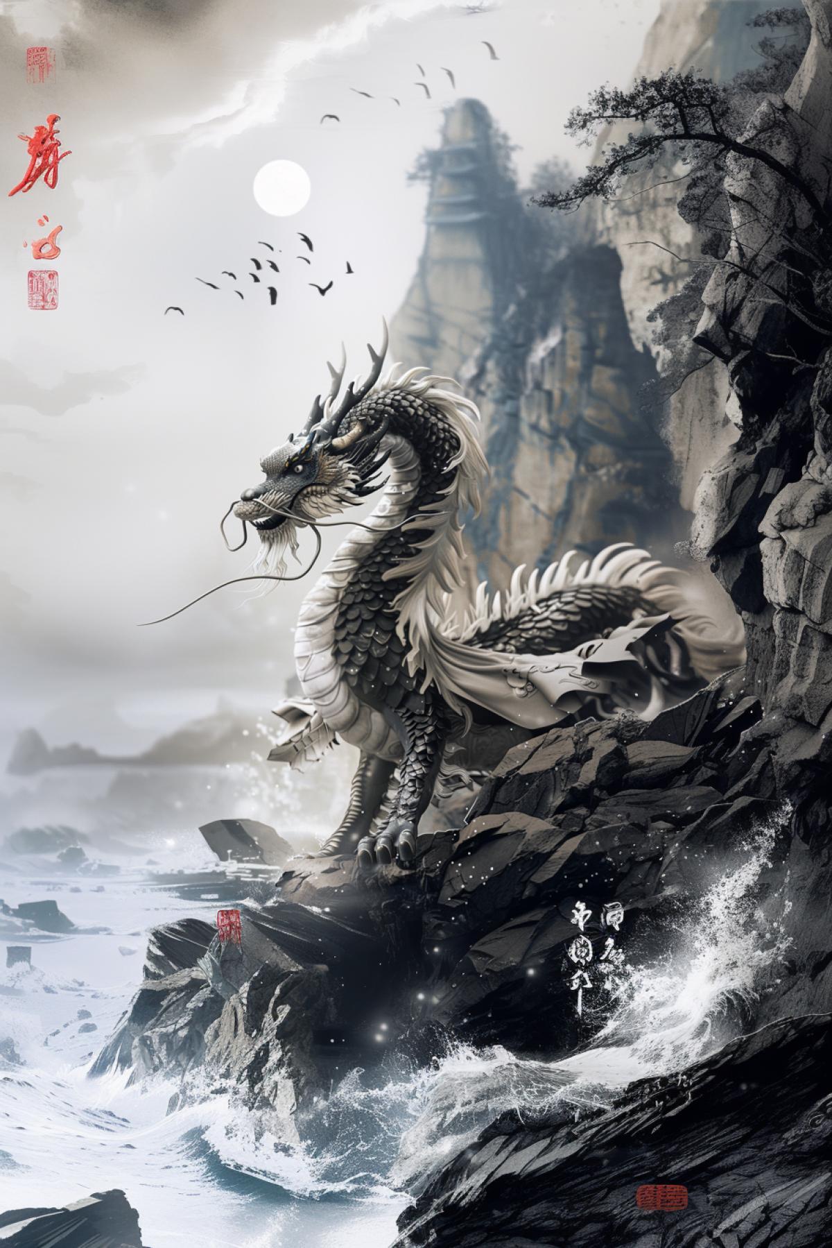 Chinese culture, greatness, beautiful Chinese dragon, Chinese characters, mysticism, philosophy, shimmer, realistic image