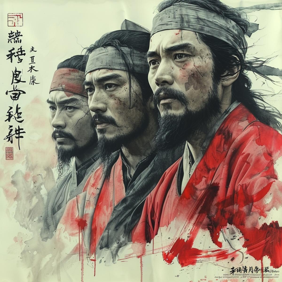 Chinese culture is not rich in myths like Greece and India, but China has an amazing epic of the Three Kingdoms . The first chapter briefly summarizes Chinese history from the period of the Seven \"Warring States\" (5th to 3rd centuries BC) to the beginning of the end of the Han Dynasty (184). The main characters of the novel, Liu Bei, Guan Yu, and Zhang Fei, take an oath to each other in the Peach Orchard to be brothers, serve the state, and bring peace to ordinary people.. High photorealism, detail