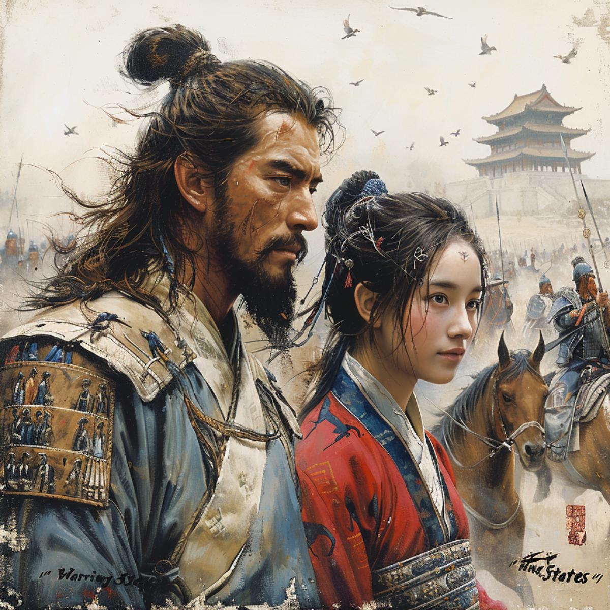 Chinese culture is not rich in myths like Greece and India, but China has an amazing epic of the Three Kingdoms . The first chapter briefly summarizes Chinese history from the period of the Seven \"Warring States\" (5th to 3rd centuries BC) to the beginning of the end of the Han Dynasty (184). The main characters of the novel, Liu Bei, Guan Yu, and Zhang Fei, take an oath to each other in the Peach Orchard to be brothers, serve the state, and bring peace to ordinary people.. High photorealism, detail