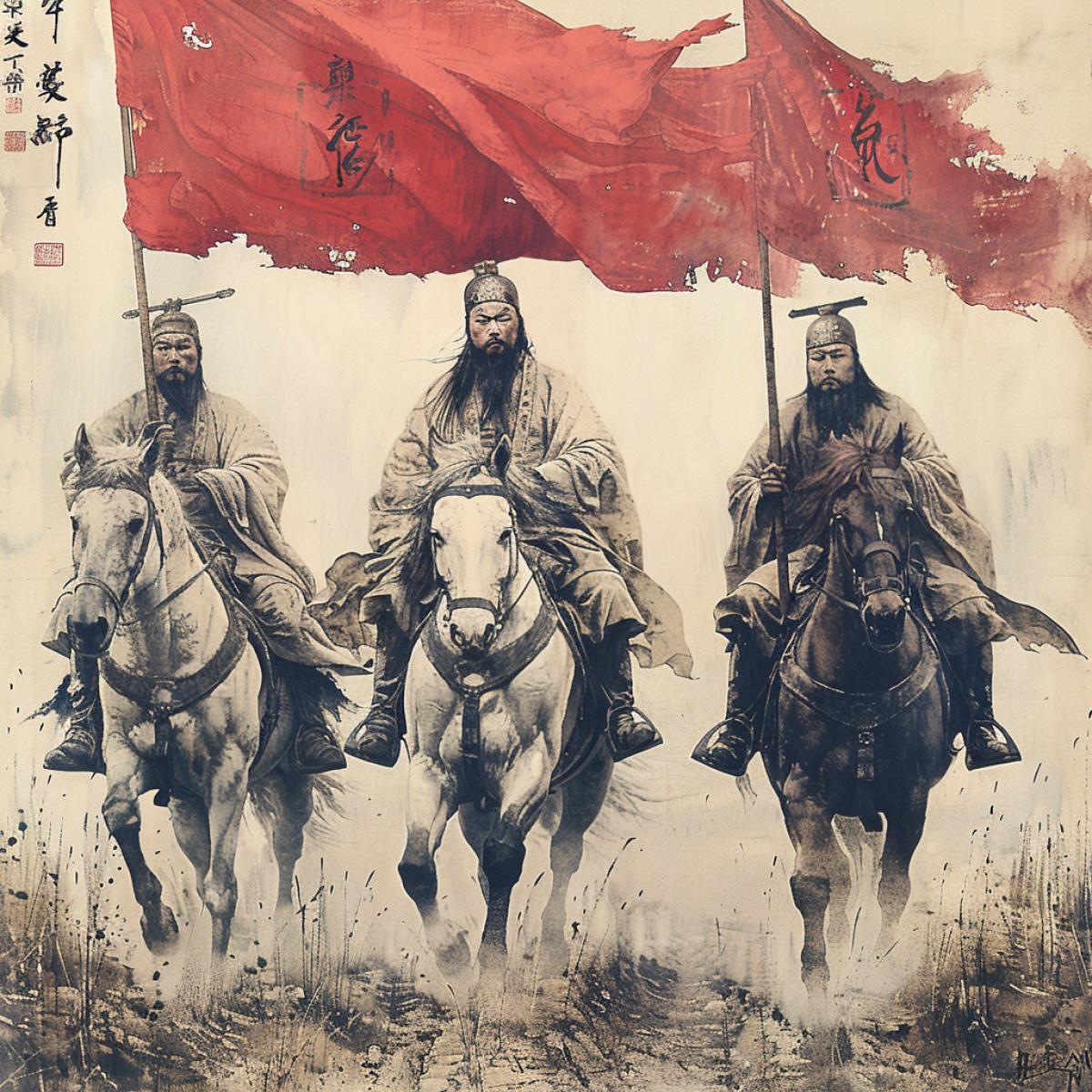 Chinese culture is not rich in myths like Greece and India, but China has an amazing epic of the Three Kingdoms . The first chapter briefly summarizes Chinese history from the period of the Seven \"Warring States\" (5th to 3rd centuries BC) to the beginning of the end of the Han Dynasty (184). The main characters of the novel, Liu Bei, Guan Yu, and Zhang Fei, take an oath to each other in the Peach Orchard to be brothers, serve the state, and bring peace to ordinary people.. High photorealism, detail