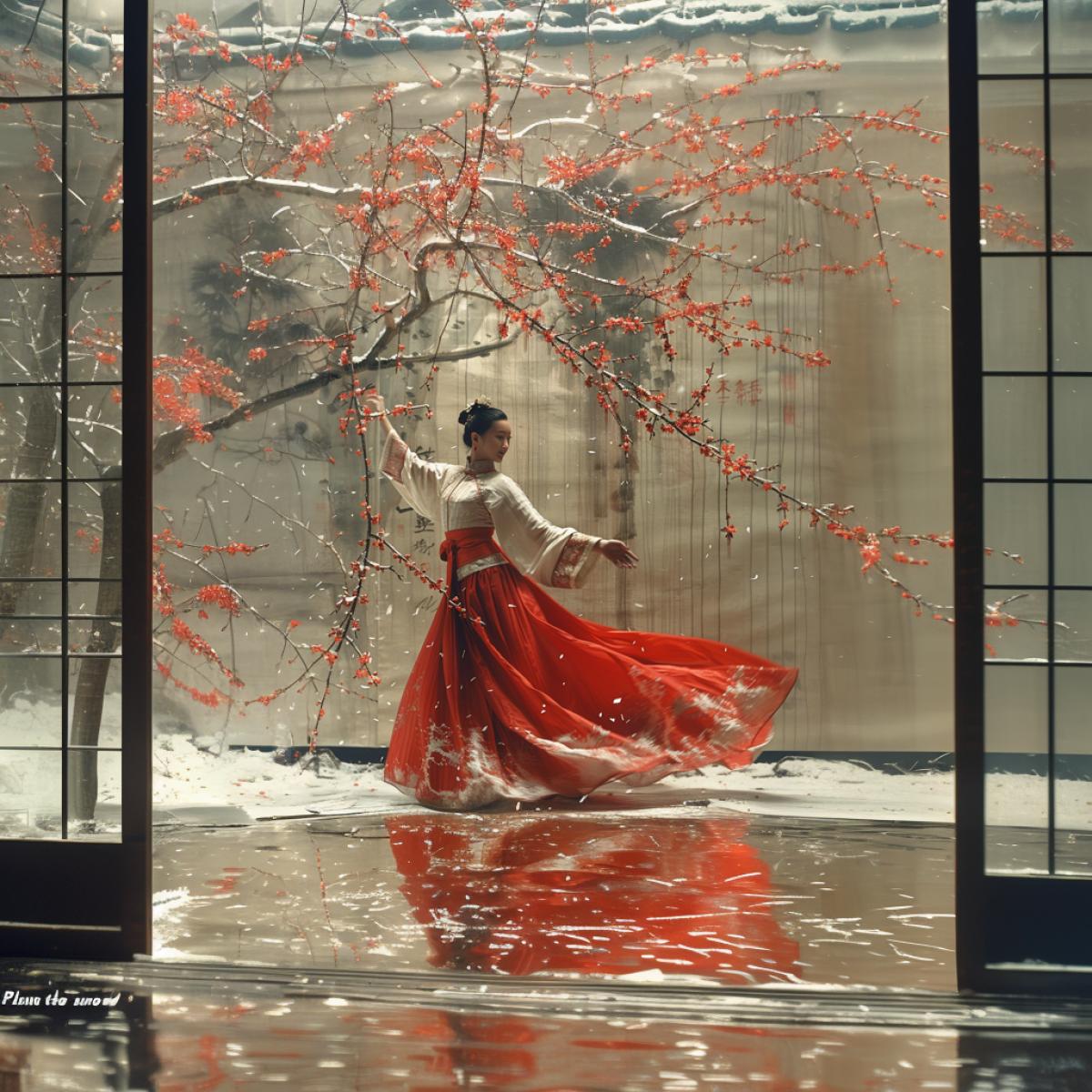 Chinese culture and Chinese dances reflect the desire for harmony and perfection. Chinese culture and Chinese dances reflect the desire for harmony and perfection. \"Plum blossom in the snow\" is another famous Chinese poetic image. In China, a plum tree in the snow symbolizes resilience in the face of lifes adversities. Chinese dancer Wei No brought this image to life on stage in the eighties in a beautiful performance with a pink and white fluttering fan. . Brightness, colorfulness, high detail, photorealism, high shutter speed, shooting mode, white balance auto, SLR camera