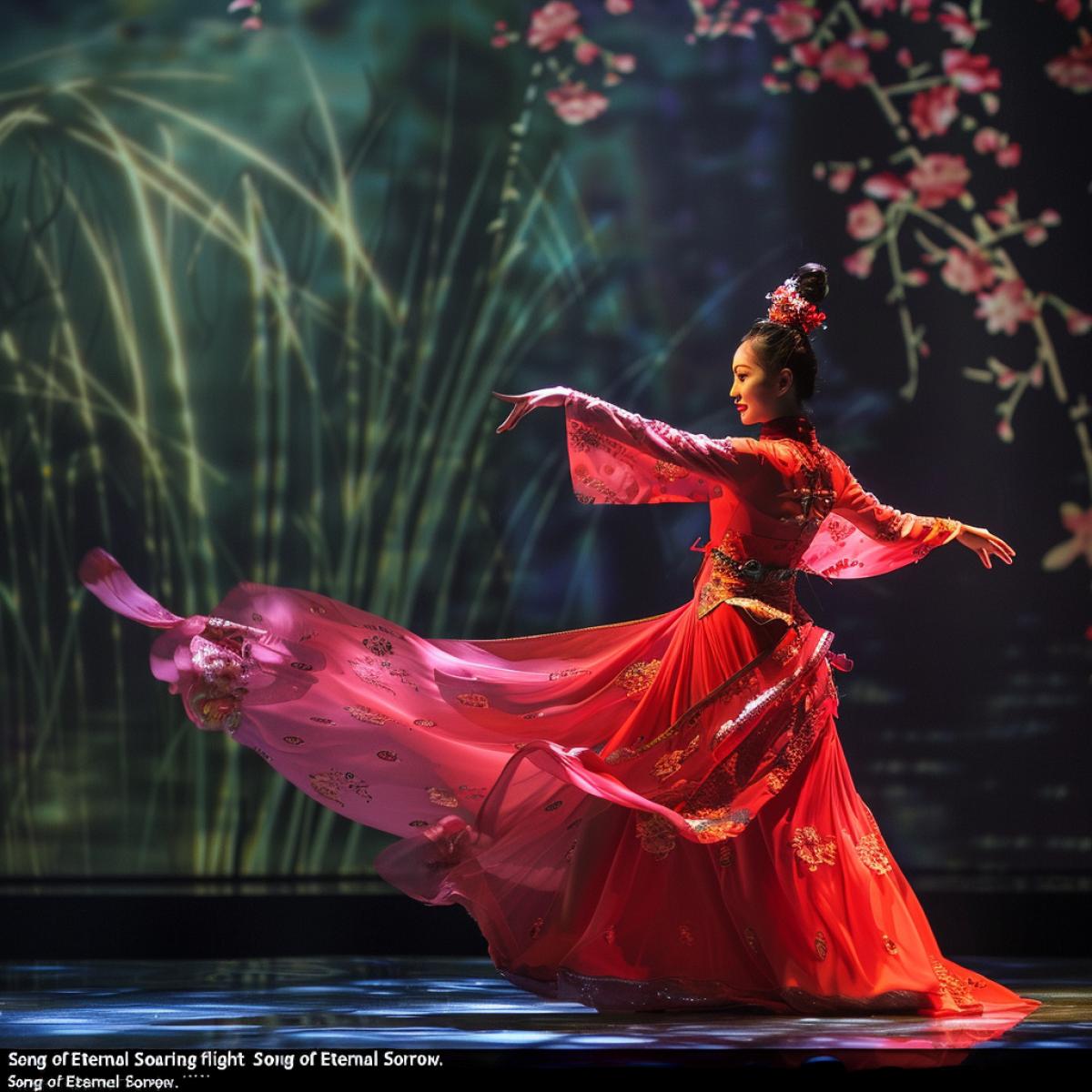 Chinese culture and Chinese dances reflect the desire for harmony and perfection. In the dance \"Song of Eternal Sorrow\", dancers move on stage as if in a magical world. The choreographer combined the idea of dance with high dance technique, which came from Indian dance, on the one hand, and from classical Chinese dance of the imperial palace, on the other. Even today it is difficult to believe that the famous \"soaring flight\" on stage is not a dream. The inspiration for the creation of many dance com4ks at that time was the emperors woman Yang Guifei, known as the most beautiful girl in the Celestial Empire. She herself danced the \"Song of Eternal Sorrow.\" Today this dance is considered one of the important achievements of Chinese dance culture.. brightness, colorfulness, strong lighting, hyper-detailed, hyper-realistic, photo-realistic, shooting mode white balance automatic SLR camera