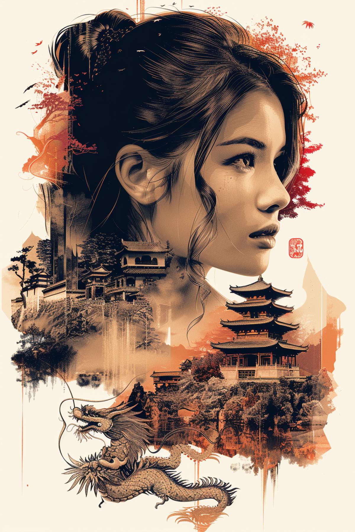 A beautiful Chinese woman and a dragon. Drawing in the style of ancient China.