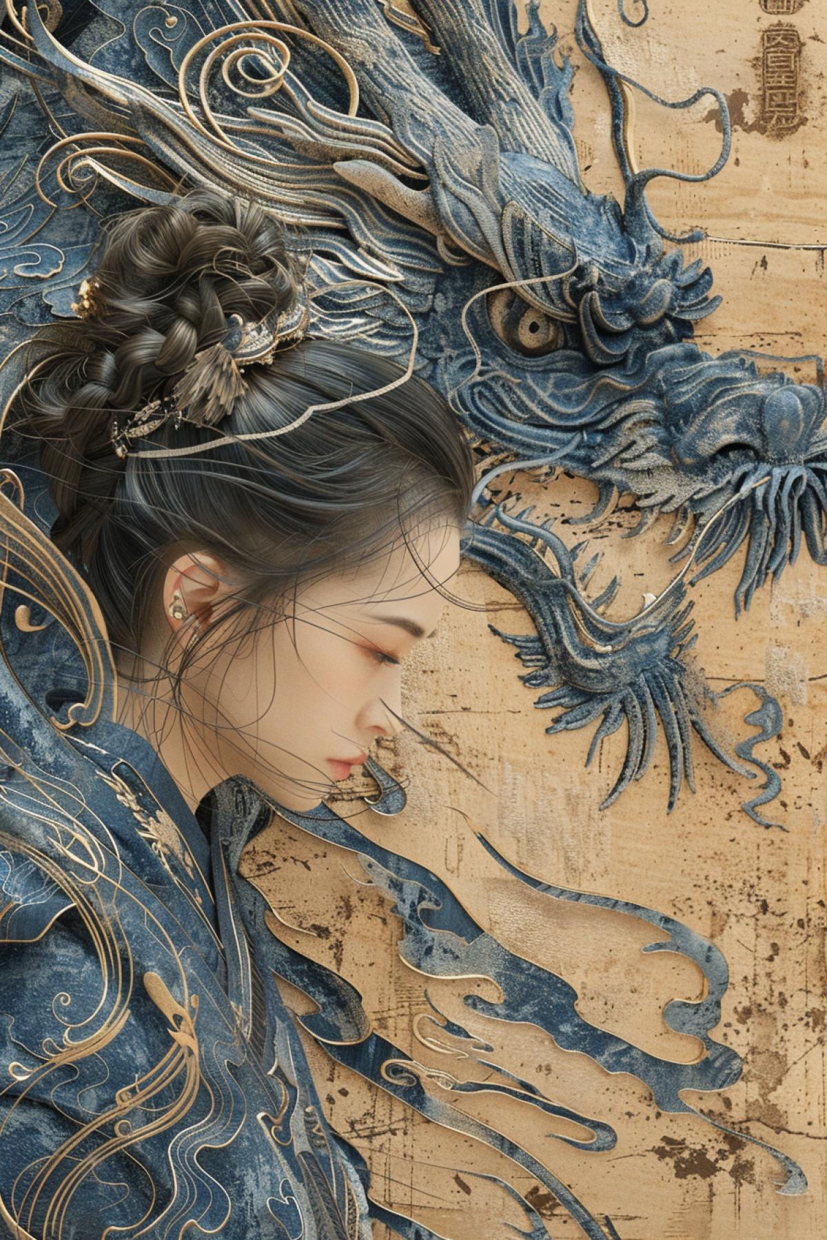 A beautiful Chinese woman and a dragon. Drawing in the style of ancient China.