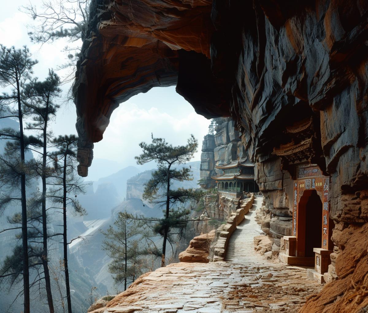 Hanging Monastery of Xuankun-si in Shanxi Province. The Hanging Monastery of Xuankun-si is a unique religious site, the architectural forms and national color of which attract foreign tourists (Shanxi Province, China). . Xuankun-si is the only temple in China where the shrines of the three main religious and philosophical schools of the country (Shanxi province) are kept.. Xuankong-si (translated as Hanging Monastery) is the most amazing temple in the world, which boasts not only its location and architecture, but its uniqueness lies in the fact that it houses the shrines of three main religions of China Confucianism, Buddhism and Taoism. It is impossible to imagine how in the 5th century ancient architects were able to \"attach\" a grandiose structure to the rock, but the fact remains that Xuankun-si is the only structure in the world in the construction of which neither a foundation nor vertical supports were used. The monks who built this temple first made holes in the sheer rock