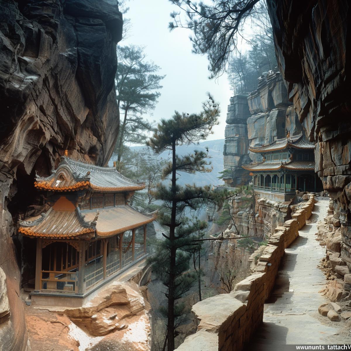 Hanging Monastery of Xuankun-si in Shanxi Province. The Hanging Monastery of Xuankun-si is a unique religious site, the architectural forms and national color of which attract foreign tourists (Shanxi Province, China). . Xuankun-si is the only temple in China where the shrines of the three main religious and philosophical schools of the country (Shanxi province) are kept.. Xuankong-si (translated as Hanging Monastery) is the most amazing temple in the world, which boasts not only its location and architecture, but its uniqueness lies in the fact that it houses the shrines of three main religions of China Confucianism, Buddhism and Taoism. It is impossible to imagine how in the 5th century ancient architects were able to \"attach\" a grandiose structure to the rock, but the fact remains that Xuankun-si is the only structure in the world in the construction of which neither a foundation nor vertical supports were used. The monks who built this temple first made holes in the sheer rock