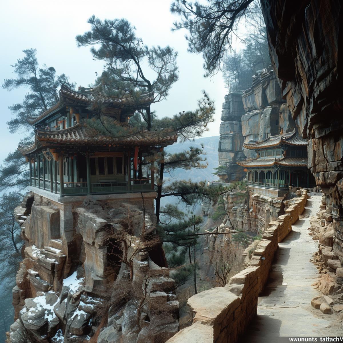 Hanging Monastery of Xuankun-si in Shanxi Province. The Hanging Monastery of Xuankun-si is a unique religious site, the architectural forms and national color of which attract foreign tourists (Shanxi Province, China). . Xuankun-si is the only temple in China where the shrines of the three main religious and philosophical schools of the country (Shanxi province) are kept.. Xuankong-si (translated as Hanging Monastery) is the most amazing temple in the world, which boasts not only its location and architecture, but its uniqueness lies in the fact that it houses the shrines of three main religions of China Confucianism, Buddhism and Taoism. It is impossible to imagine how in the 5th century ancient architects were able to \"attach\" a grandiose structure to the rock, but the fact remains that Xuankun-si is the only structure in the world in the construction of which neither a foundation nor vertical supports were used. The monks who built this temple first made holes in the sheer rock