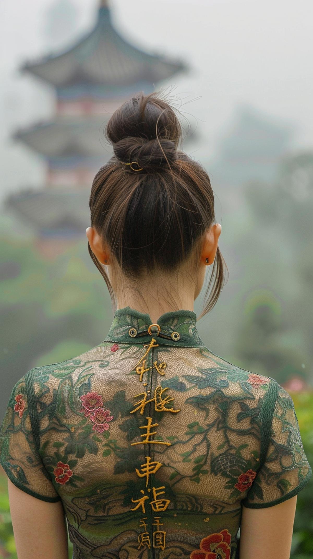 Chinese character on the back of a Chinese woman, a Chinese womans back with a half-turn of her face. Against the backdrop of a Chinese pagoda