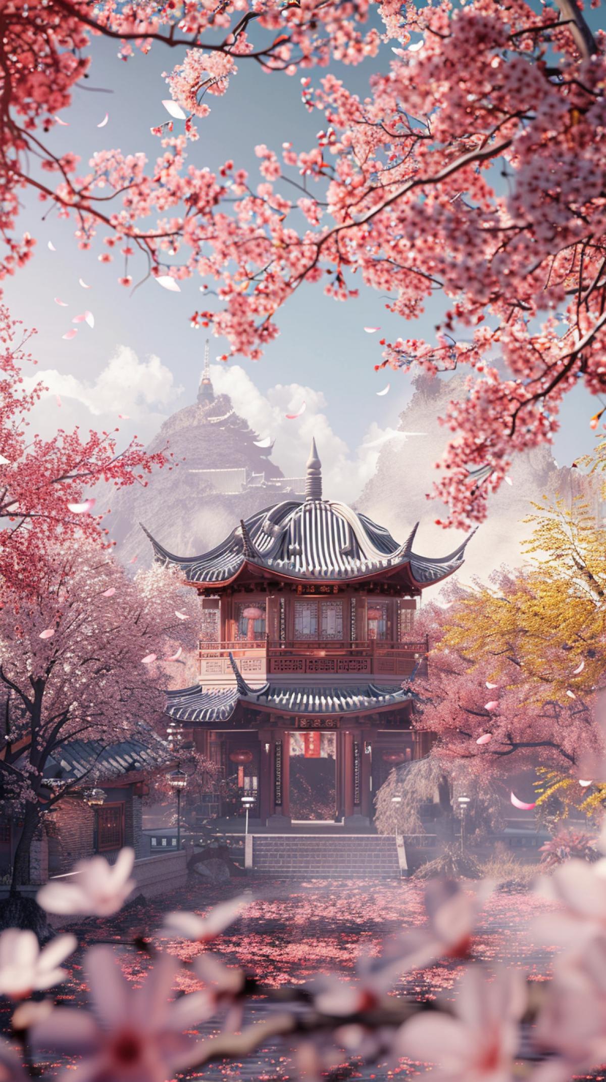 China during cherry blossom. On the top of the photo is a hieroglyph of happiness in 3D style