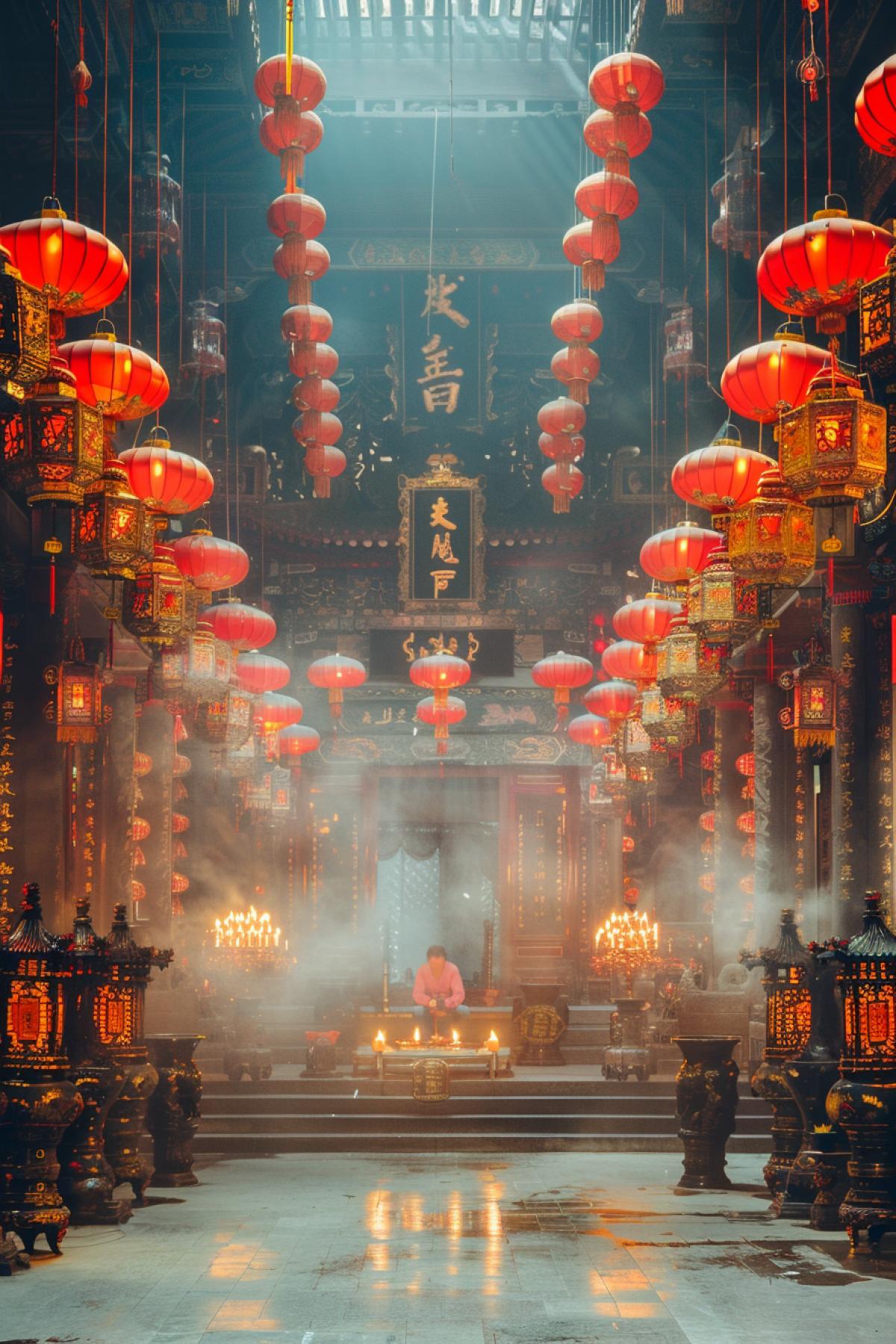 In Pixar style, we have an indoor Chinese New Year stage with lots of hanging red lanterns and colorful decorations. A man sits in the center and deliciously eats noodles. The room is decorated in a traditional style with Chinese-style holiday furniture. This is a high-quality, detailed and bright image. It showcases vibrant colors and intricate details that highlight every detail.