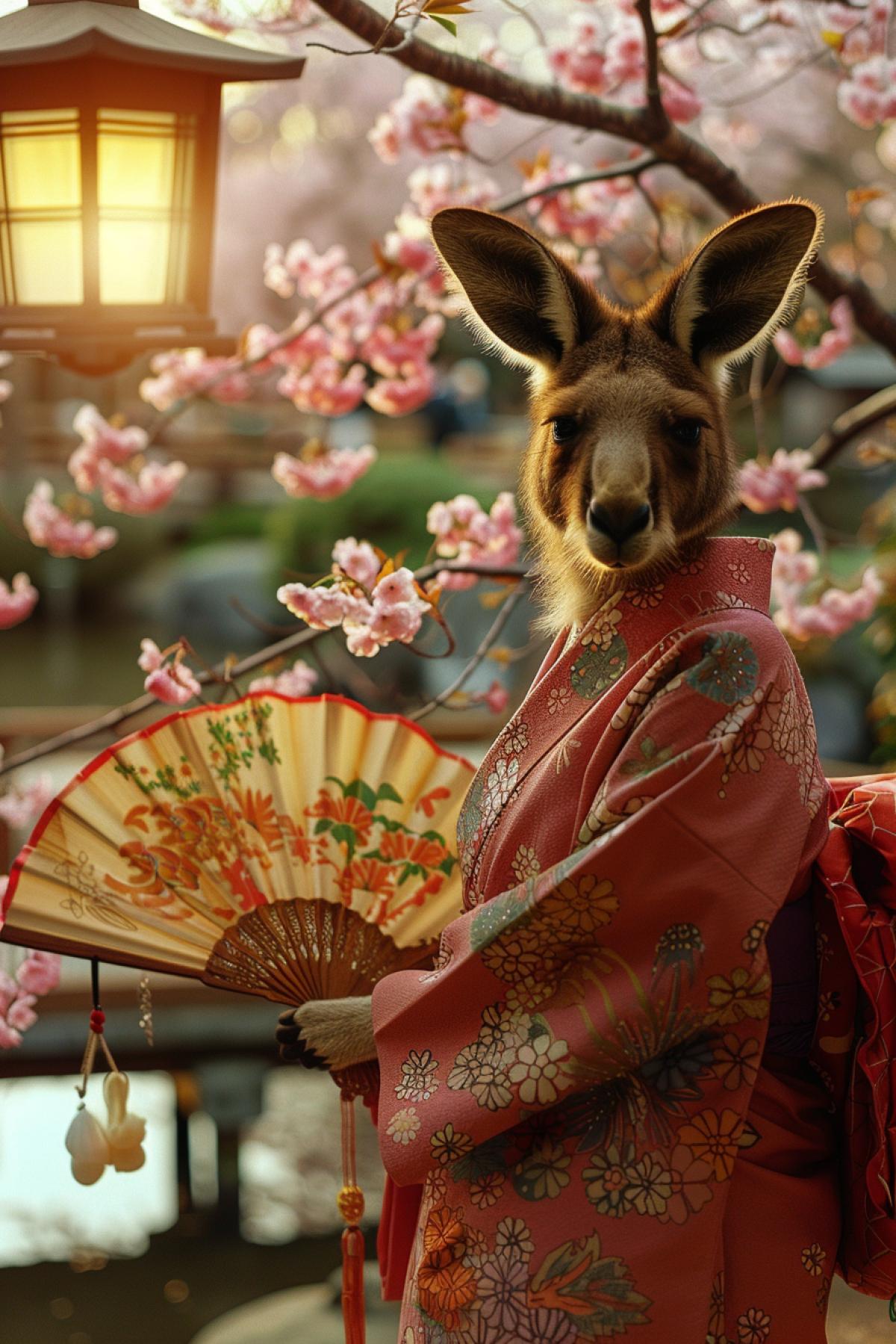 Kangaroo at a traditional Japanese festival, among cherry blossoms, wearing a brightly patterned kimono, Japanese garden with bridges and lanterns, morning sun, soft light, details of Japanese architecture in the background, calm atmosphere, kangaroo holding a Japanese fan and bowing, a combination of cultural elements.
