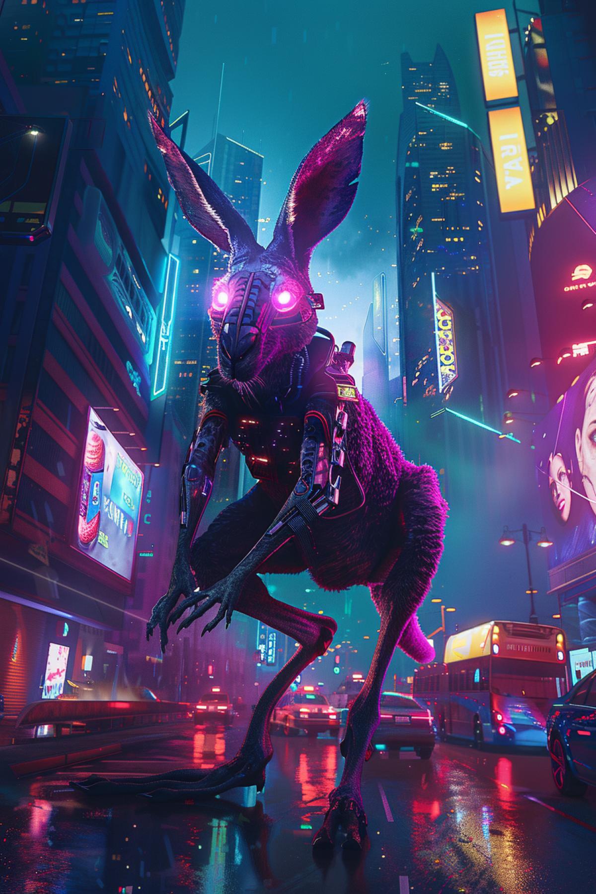 Fantasy kangaroo in a neon city of the future, among high-rise buildings with bright lights, cyberpunk atmosphere, dark night sky with flying cars, kangaroo in stylish high-tech armor, neon lights on the armor, jumping across the street with holographic advertising screens, dynamic movement, emphasis on futuristic style.