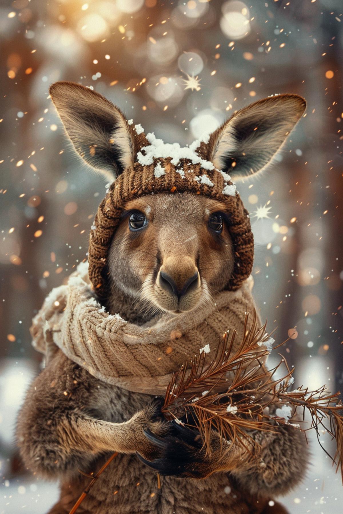 Kangaroo in a winter landscape covered with snow, among a pine forest, snow-capped mountains in the background, morning sun with golden light, kangaroo in winter clothes: hat, scarf and mittens, collecting brushwood for a fire, light snowflakes in the air, warm and cozy atmosphere, emphasis on the contrast between the animal and the winter environment.