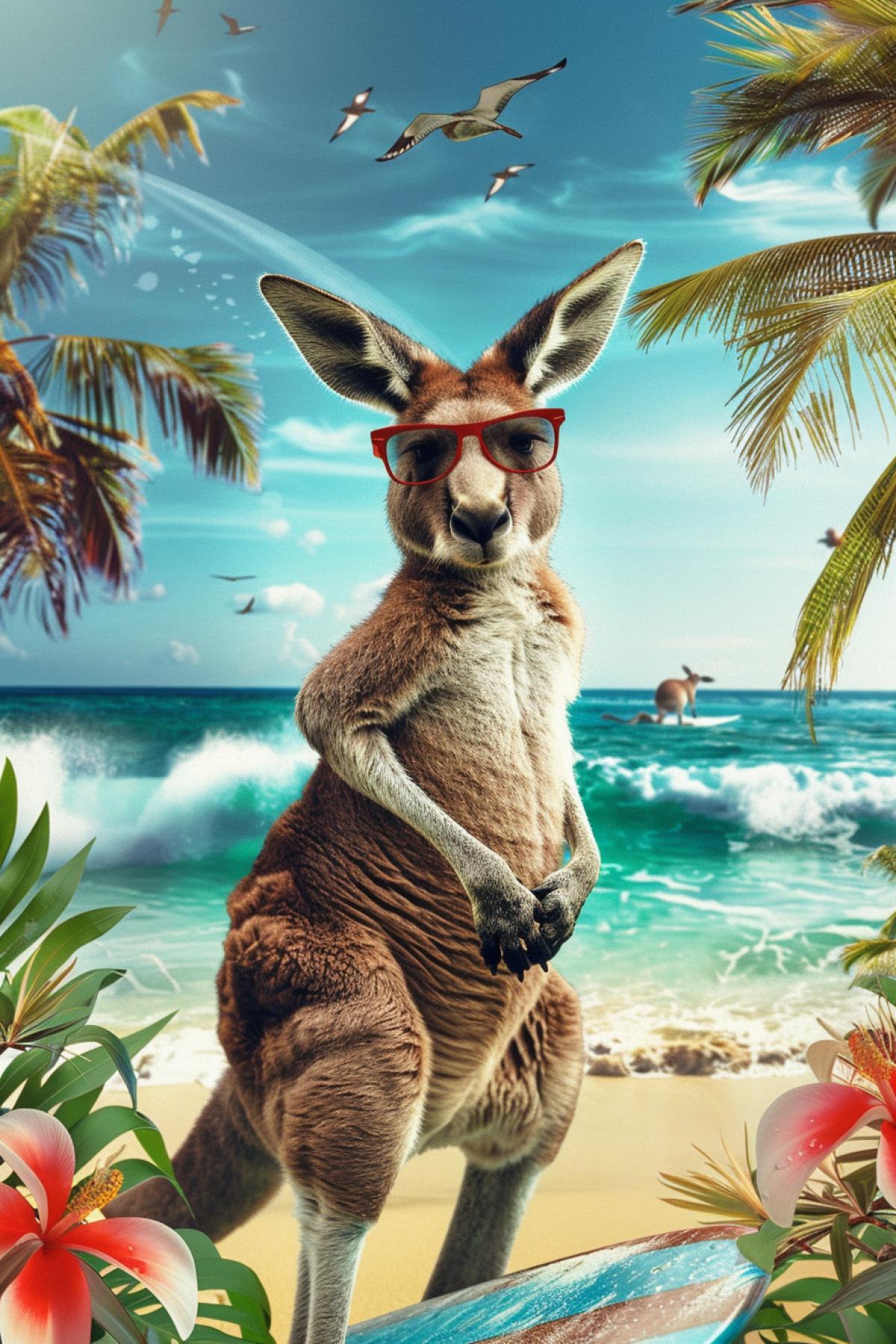 Kangaroo on a tropical island surrounded by palm trees and exotic flowers, bright blue sky, crystal clear water, kangaroo with a surfboard standing on the ocean, wearing shorts and sunglasses, waves crashing on the shore, joyful and summer atmosphere, emphasis on feeling free and adventures.
