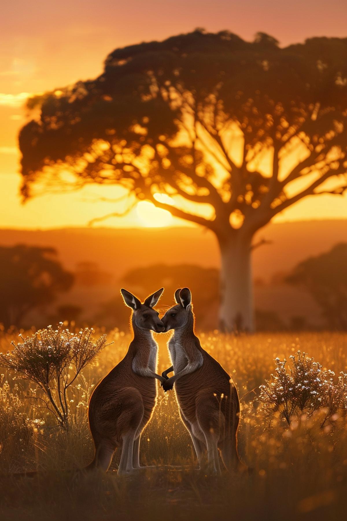 A kangaroo in love, at sunset, among the Australian savannah, golden and pink shades of the sky, a pair of kangaroos holding their paws, standing side by side under a huge baobab tree, flowering bushes around, tender and romantic expressions, soft light, long shadows, an atmosphere of love and comfort, a light breeze shakes the grass, the surrounding nature is in harmony with the loving kangaroos.