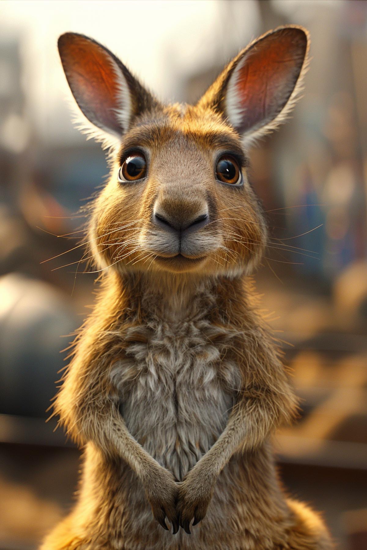 Cute little cartoon fat fluffy kangaroo with huge dark eyes, 3d.